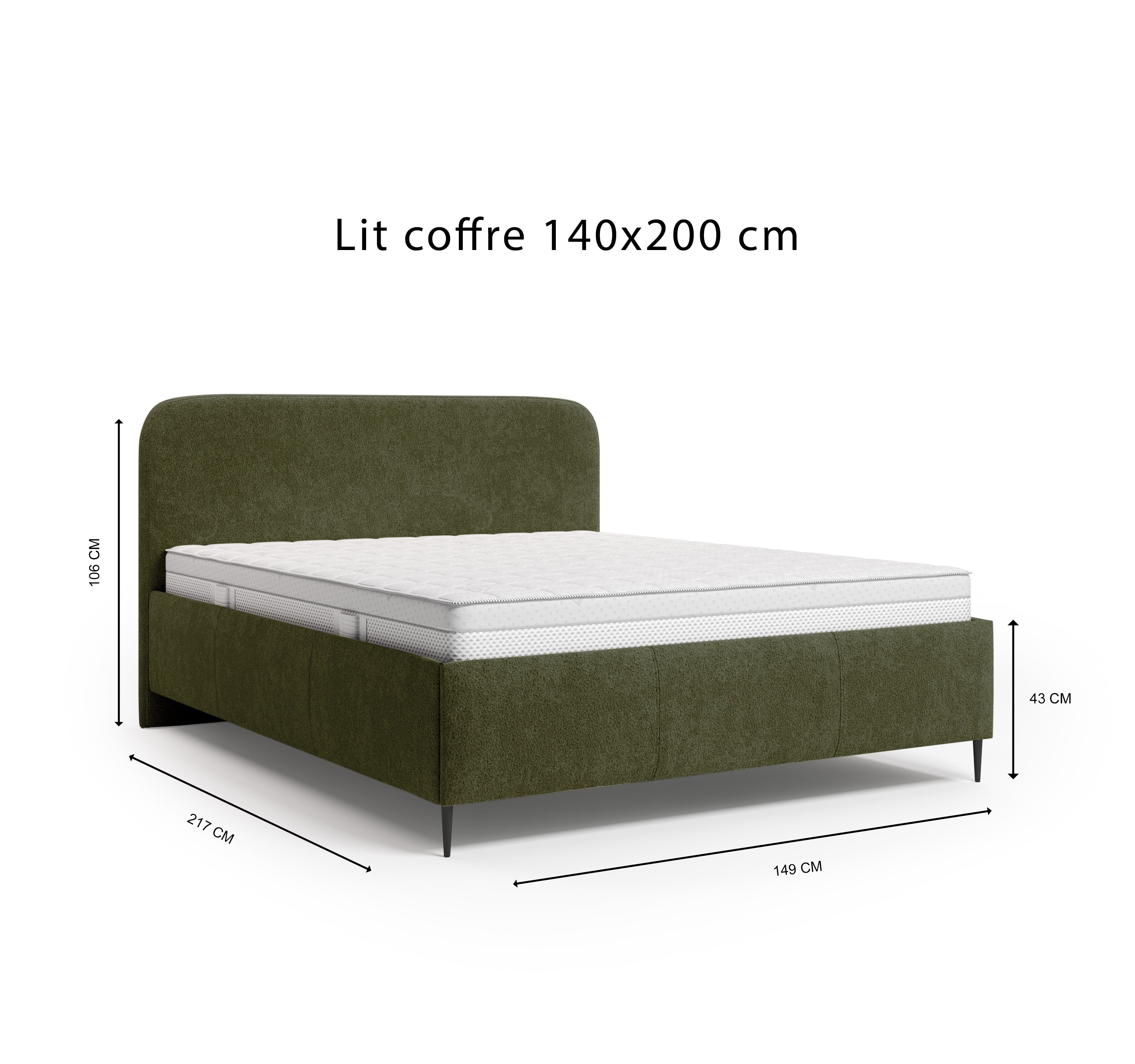 Lit coffre Yves Toudic 140x200 en tissu bouclette vert Paname Avenue, schéma des dimensions du lit