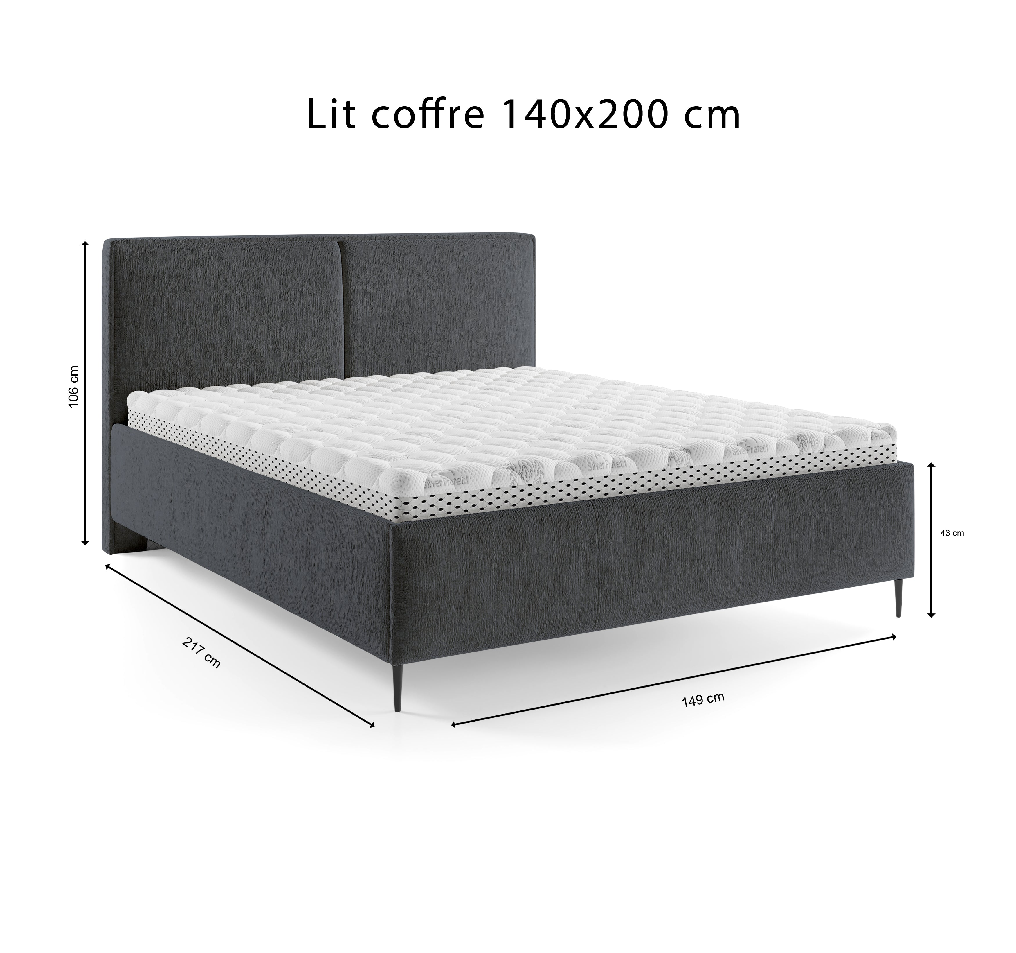 Lit coffre Yvonne le Tac 140x200 en tissu chenille anthracite Paname Avenue, schéma des dimensions du lit

