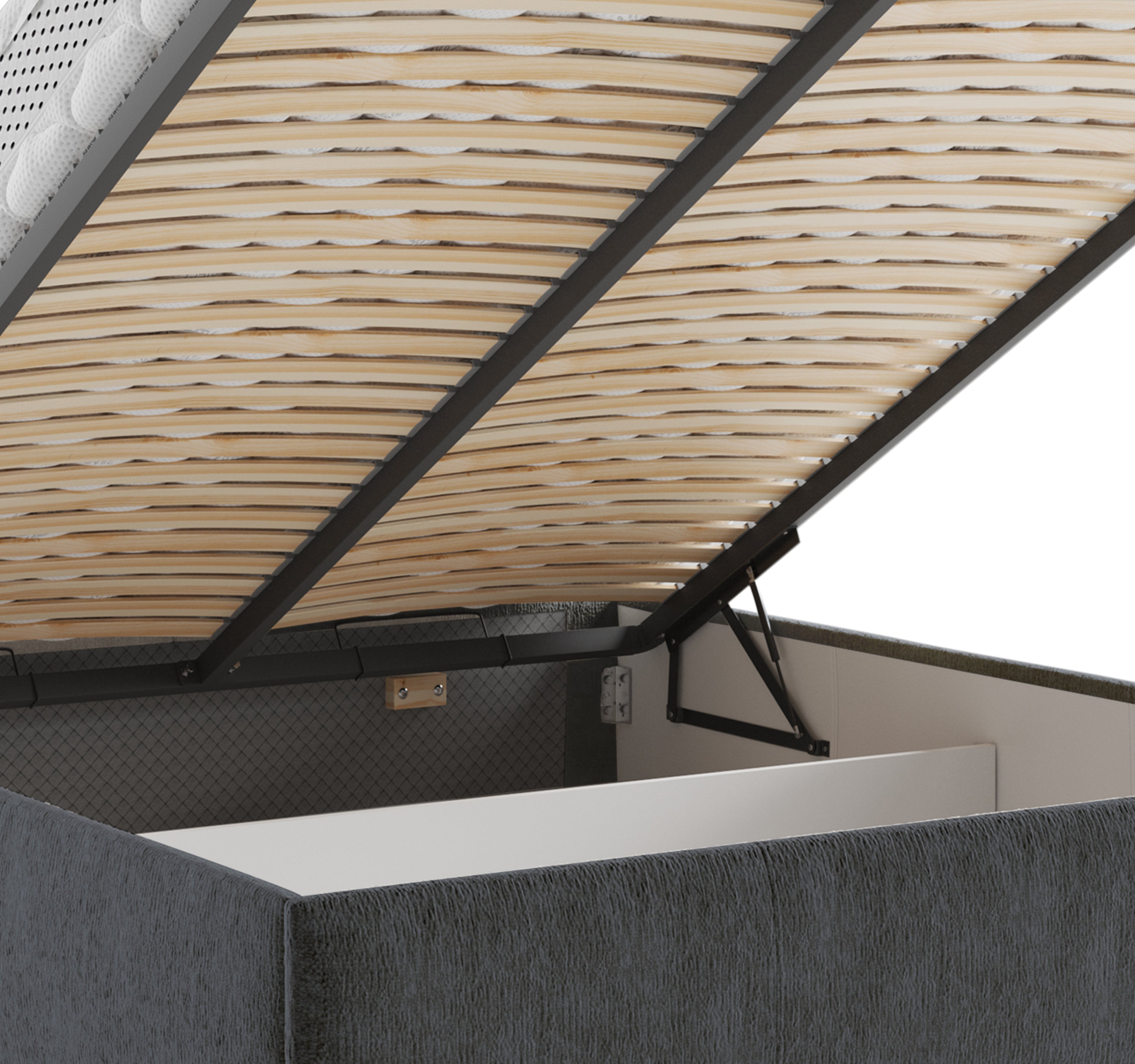 Lit coffre Yvonne le Tac 140x200 en tissu chenille anthracite Paname Avenue, zoom sur le mécanisme de levage
