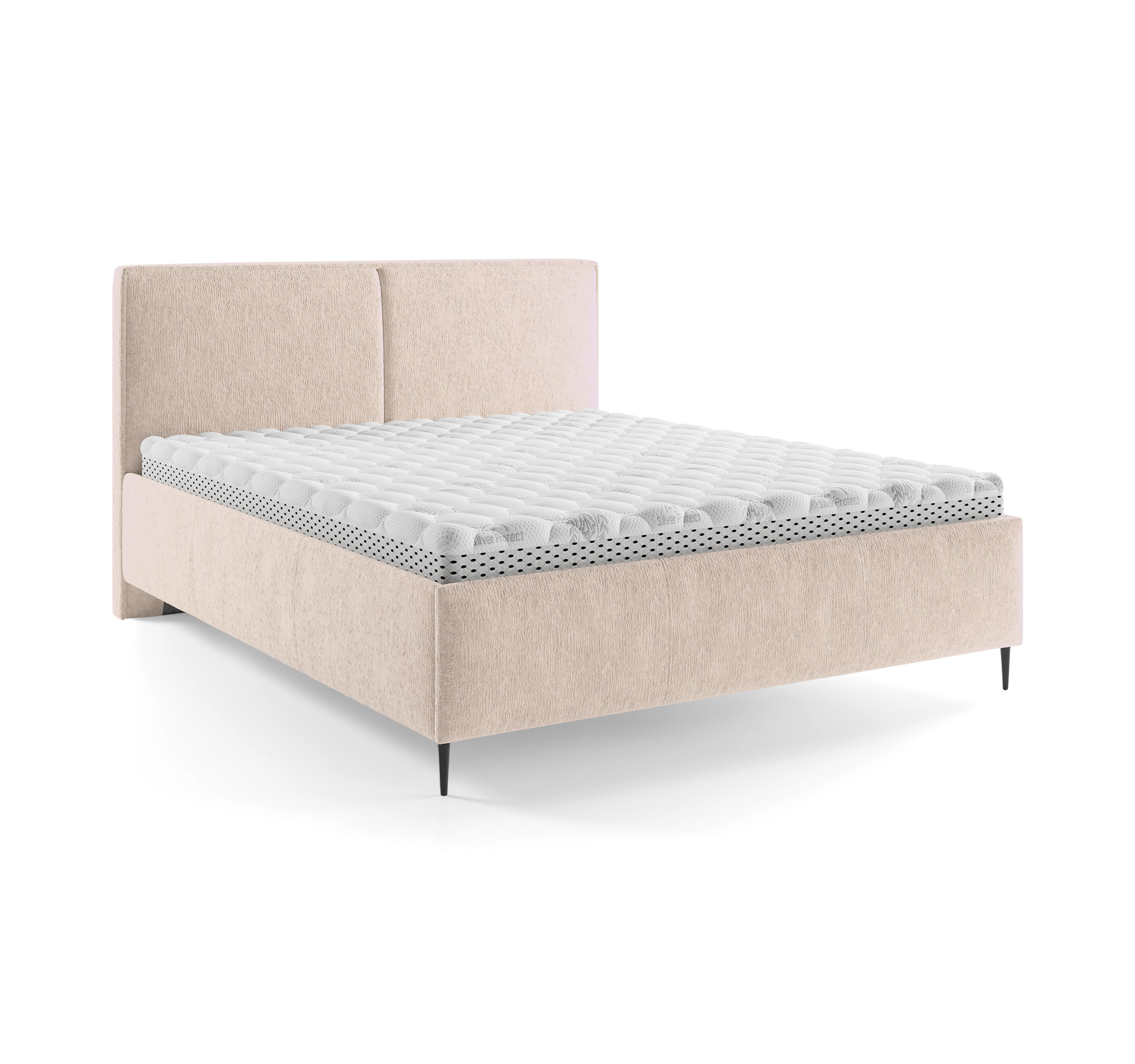 Lit coffre Yvonne le Tac 140x200 en tissu chenille beige Paname Avenue, vue trois-quarts sur fond blanc
