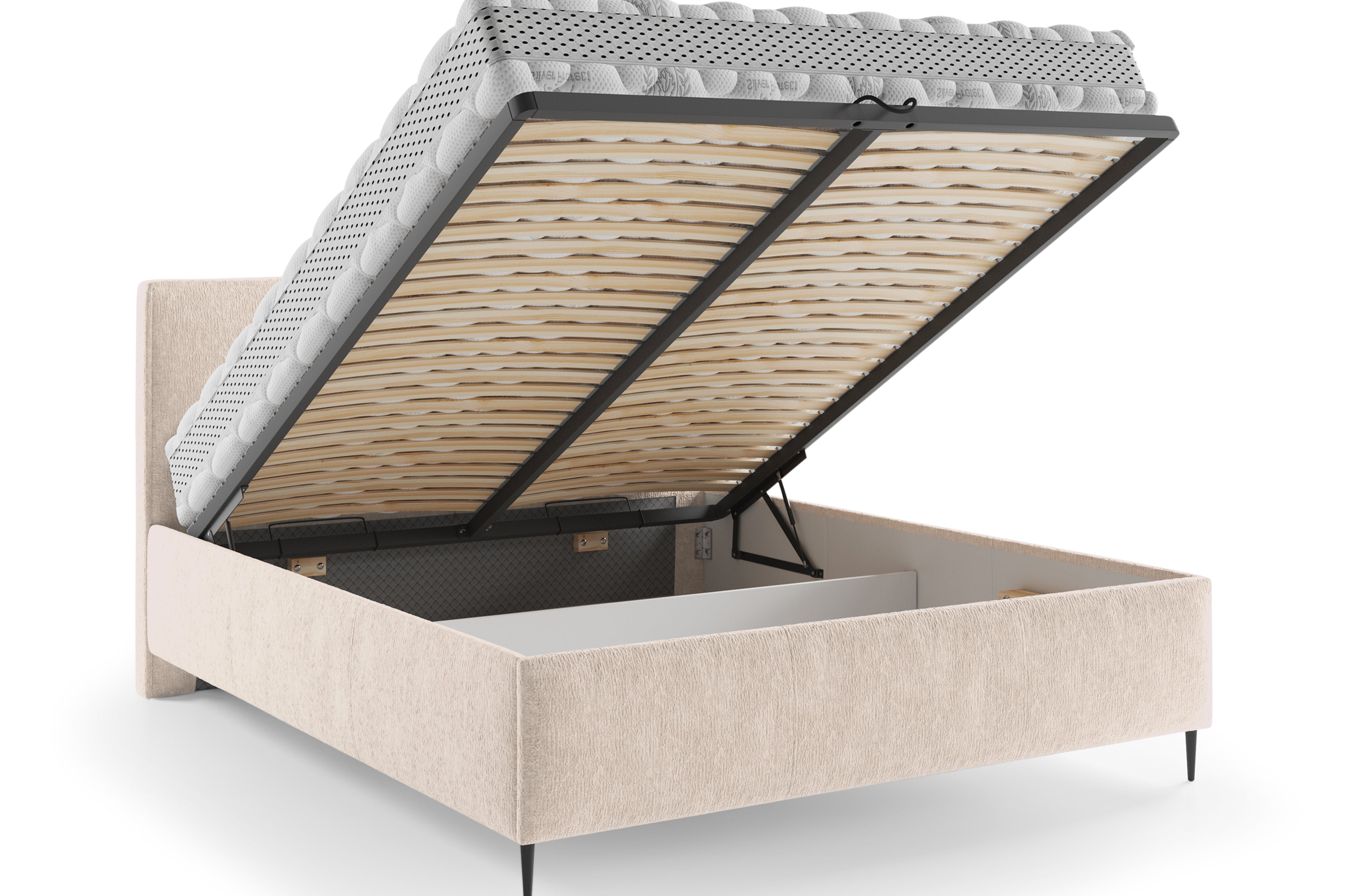 Lit coffre Yvonne le Tac 140x200 en tissu chenille beige Paname Avenue, coffre de rangement ouvert sur fond blanc
