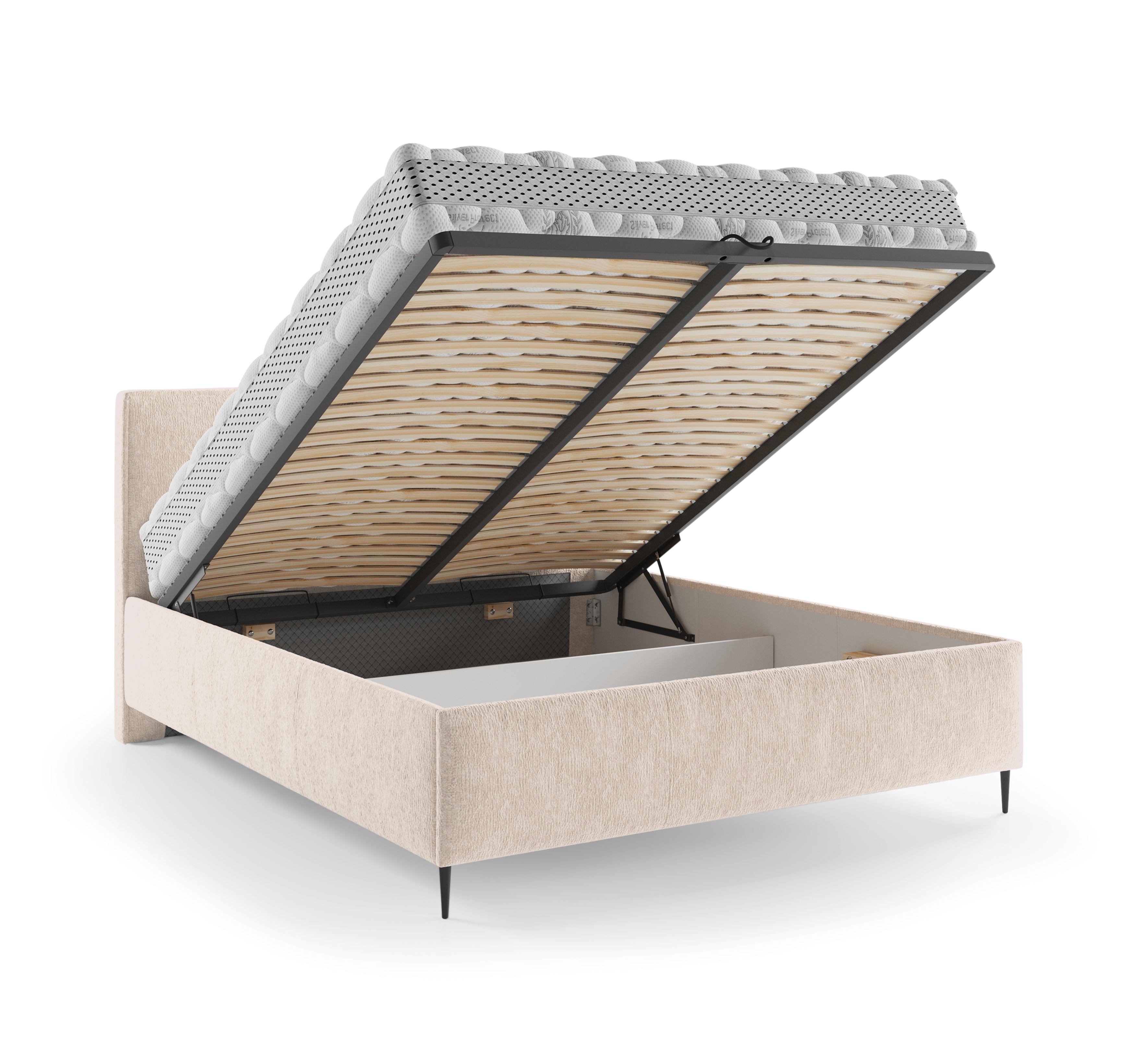 Lit coffre Yvonne le Tac 140x200 en tissu chenille beige Paname Avenue, coffre de rangement ouvert sur fond blanc
