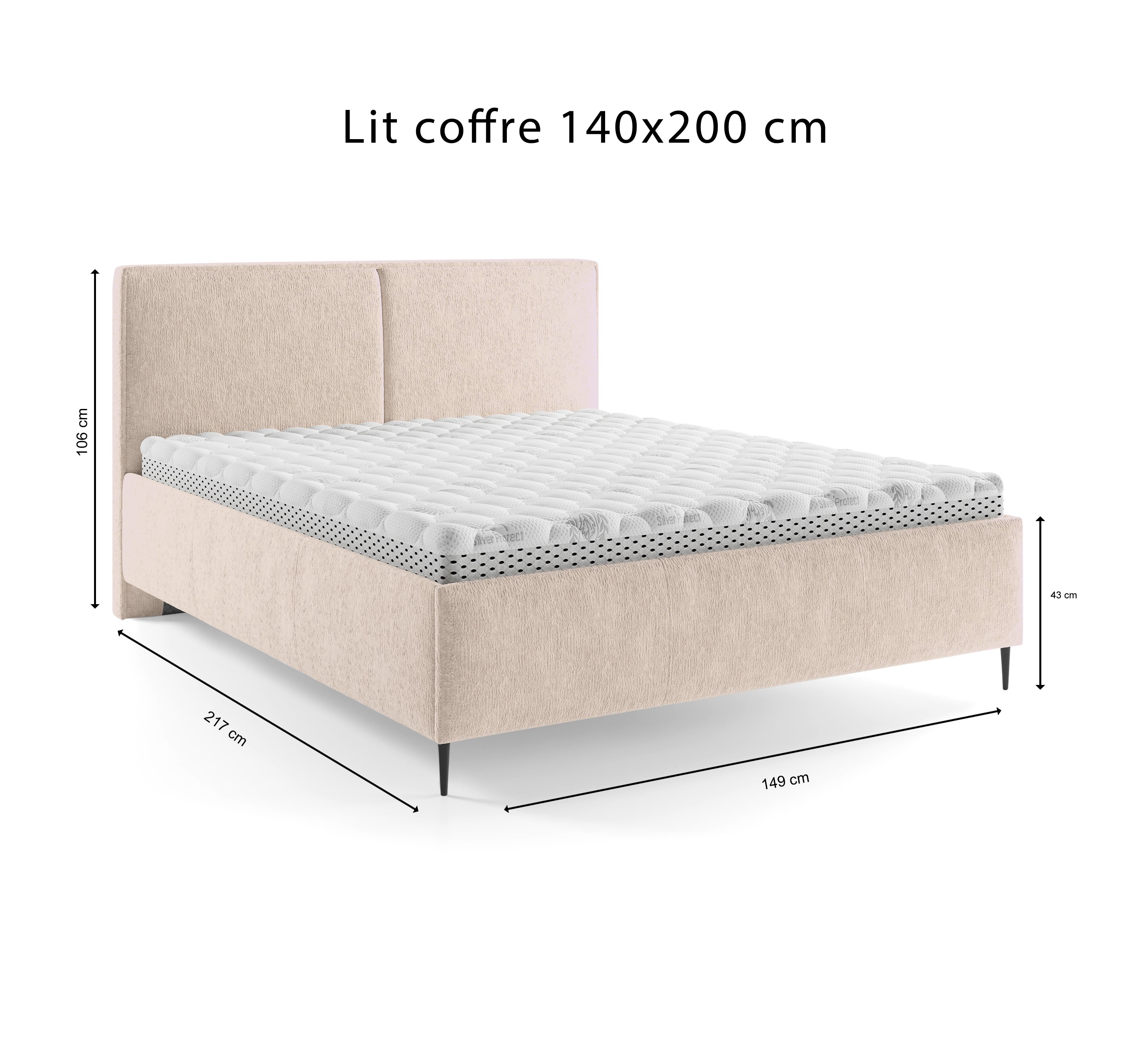 Lit coffre Yvonne le Tac 140x200 en tissu chenille beige Paname Avenue, schéma des dimensions du lit
