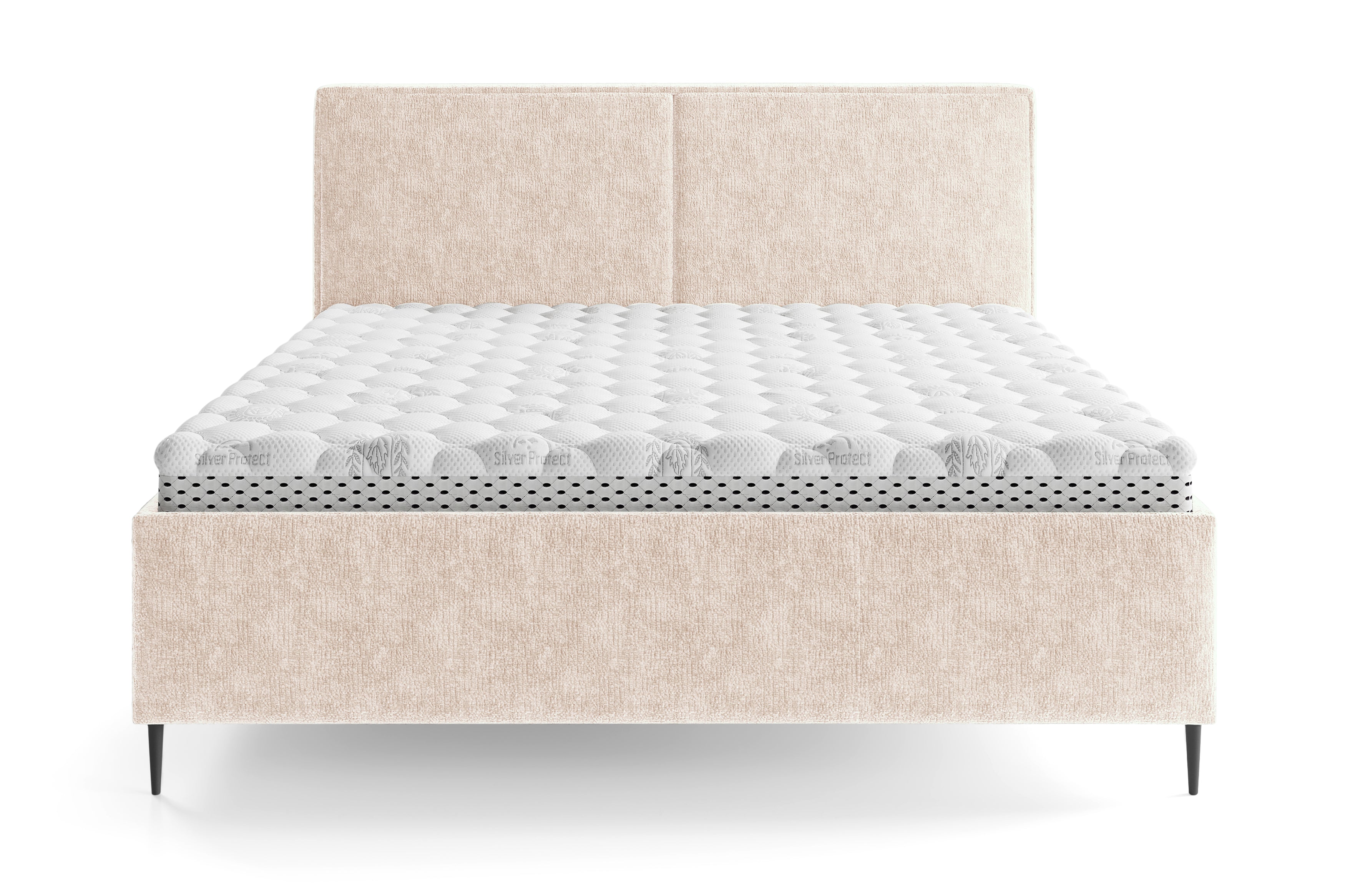 Lit coffre Yvonne le Tac 140x200 en tissu chenille beige Paname Avenue, vue de face sur fond blanc
