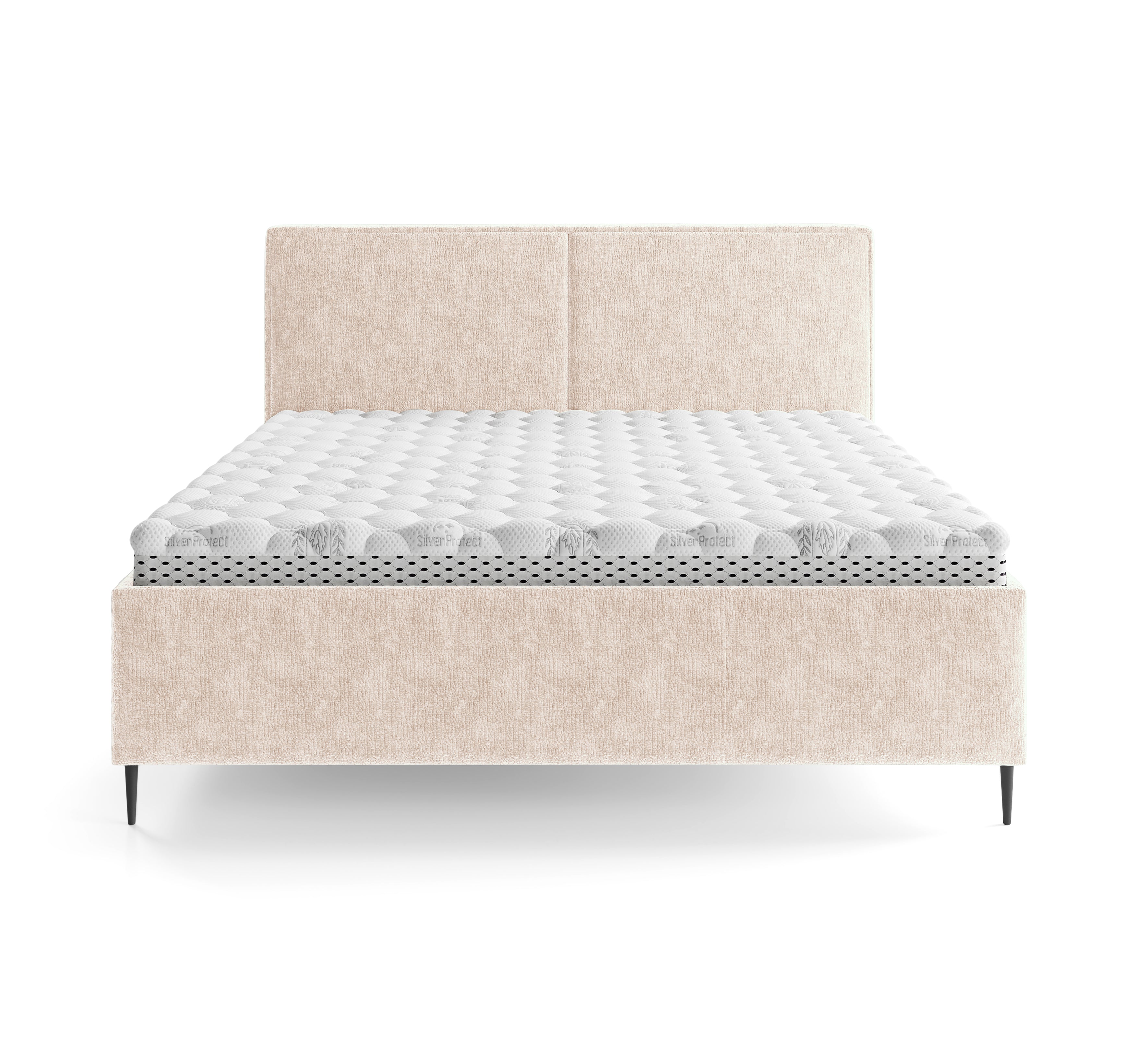 Lit coffre Yvonne le Tac 140x200 en tissu chenille beige Paname Avenue, vue de face sur fond blanc
