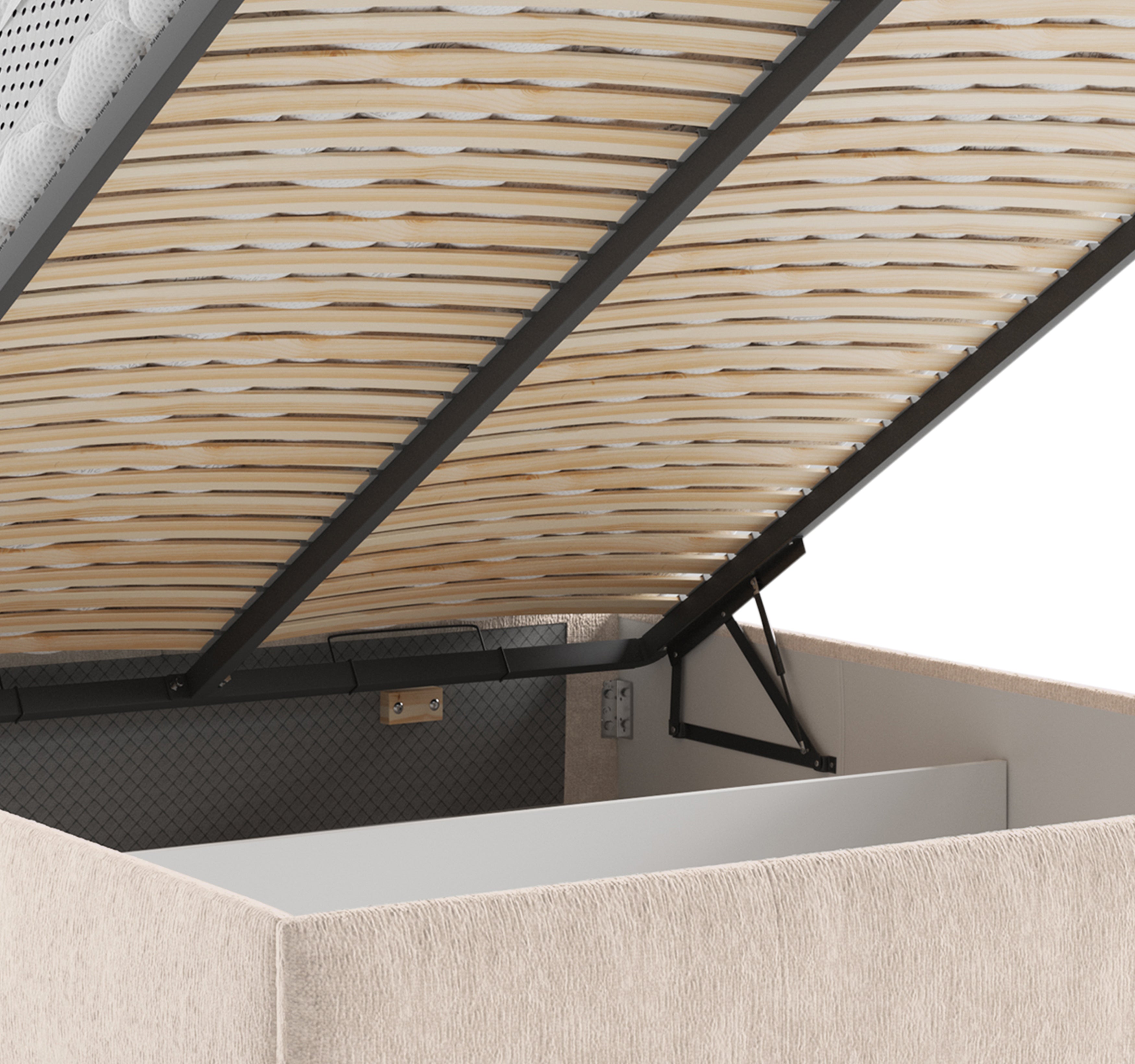 Lit coffre Yvonne le Tac 140x200 en tissu chenille beige Paname Avenue, zoom sur le mécanisme de levage
