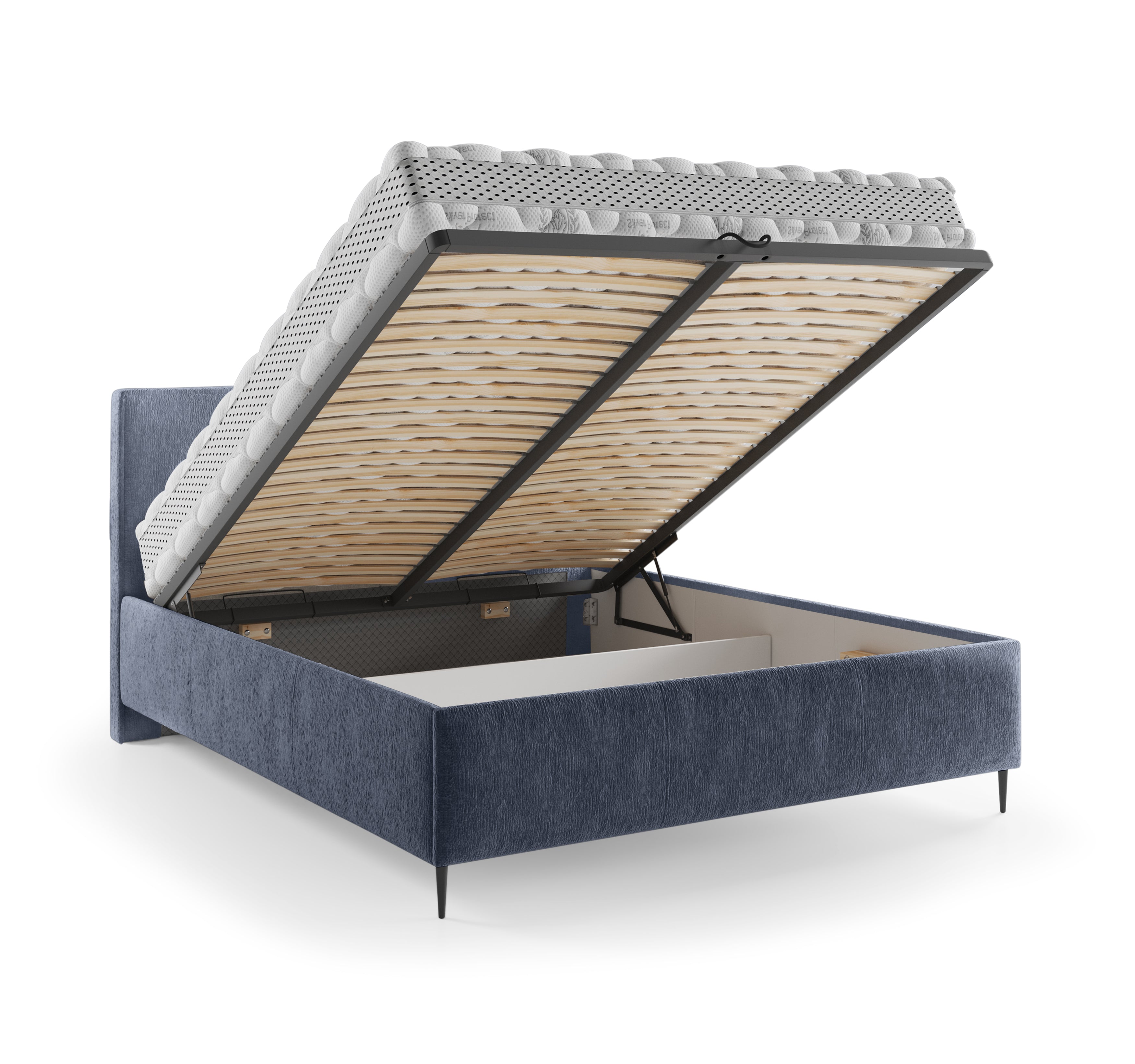 Lit coffre Yvonne le Tac 140x200 en tissu chenille bleu Paname Avenue, coffre de rangement ouvert sur fond blanc
