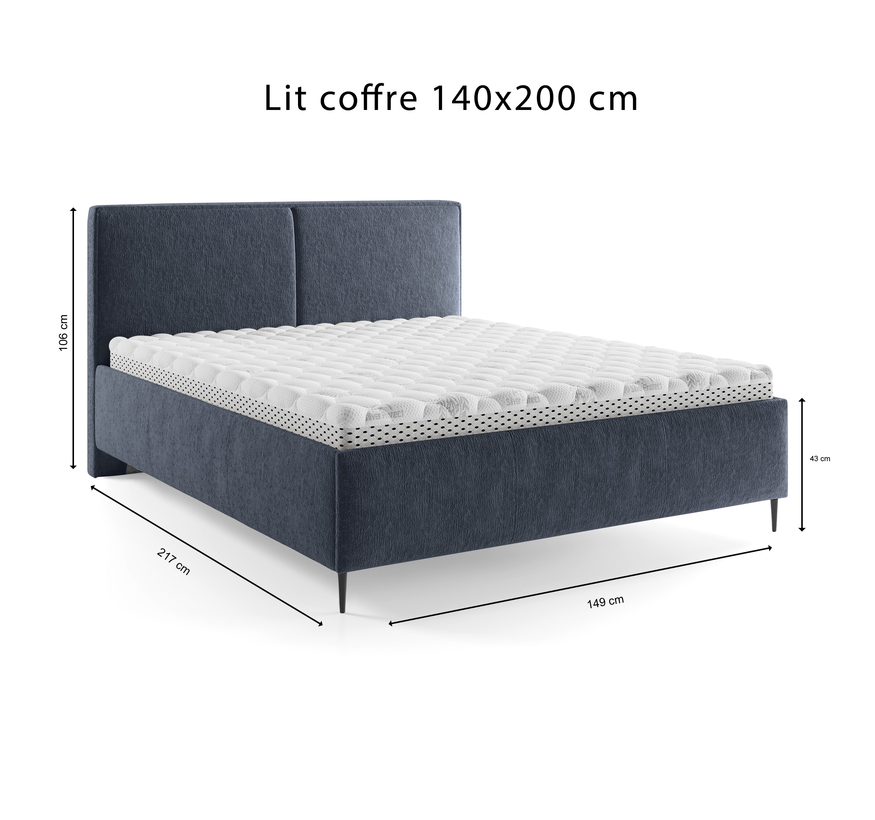Lit coffre Yvonne le Tac 140x200 en tissu chenille bleu Paname Avenue, schéma des dimensions du lit
