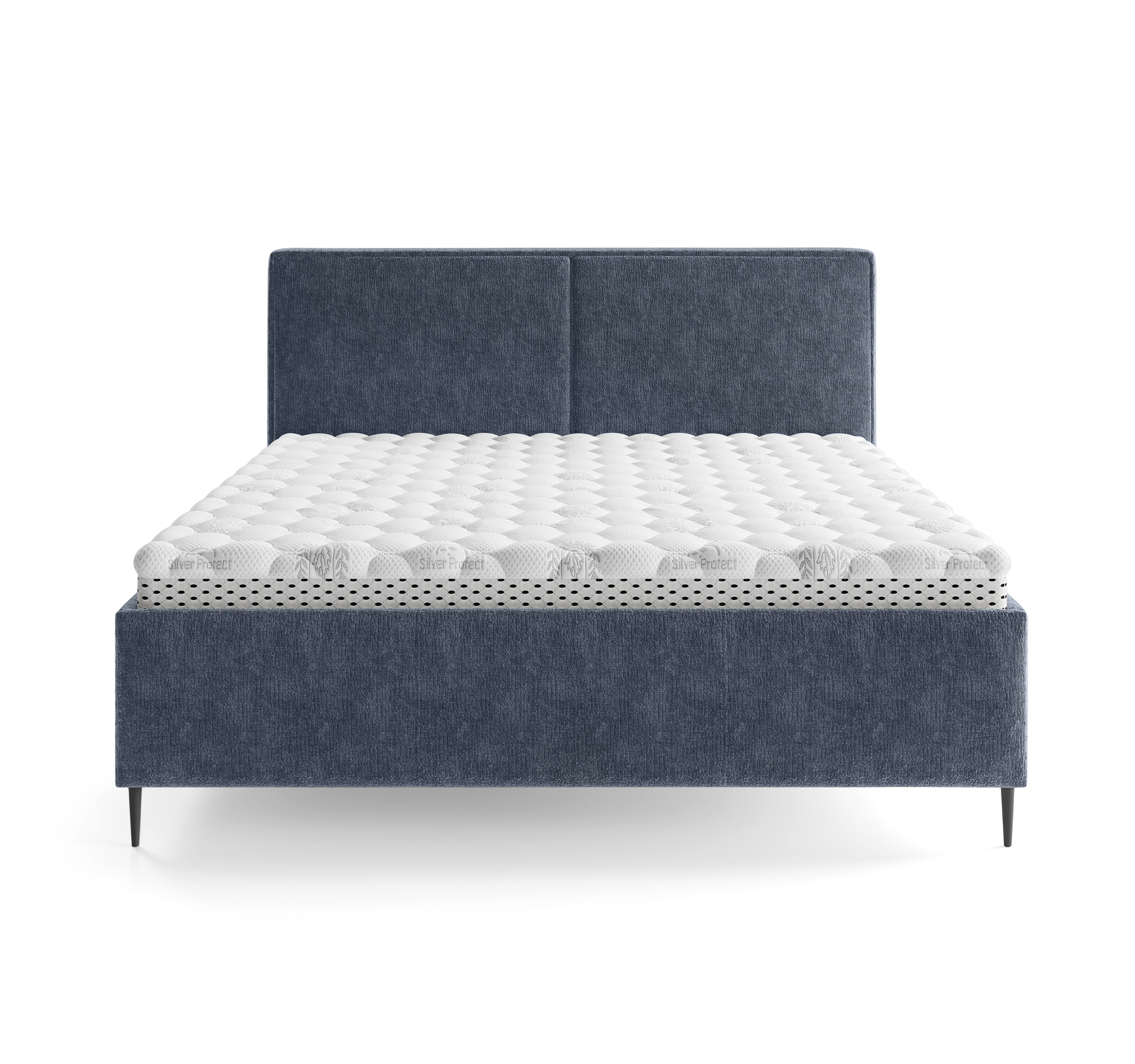 Lit coffre Yvonne le Tac 140x200 en tissu chenille bleu Paname Avenue, vue de face sur fond blanc

