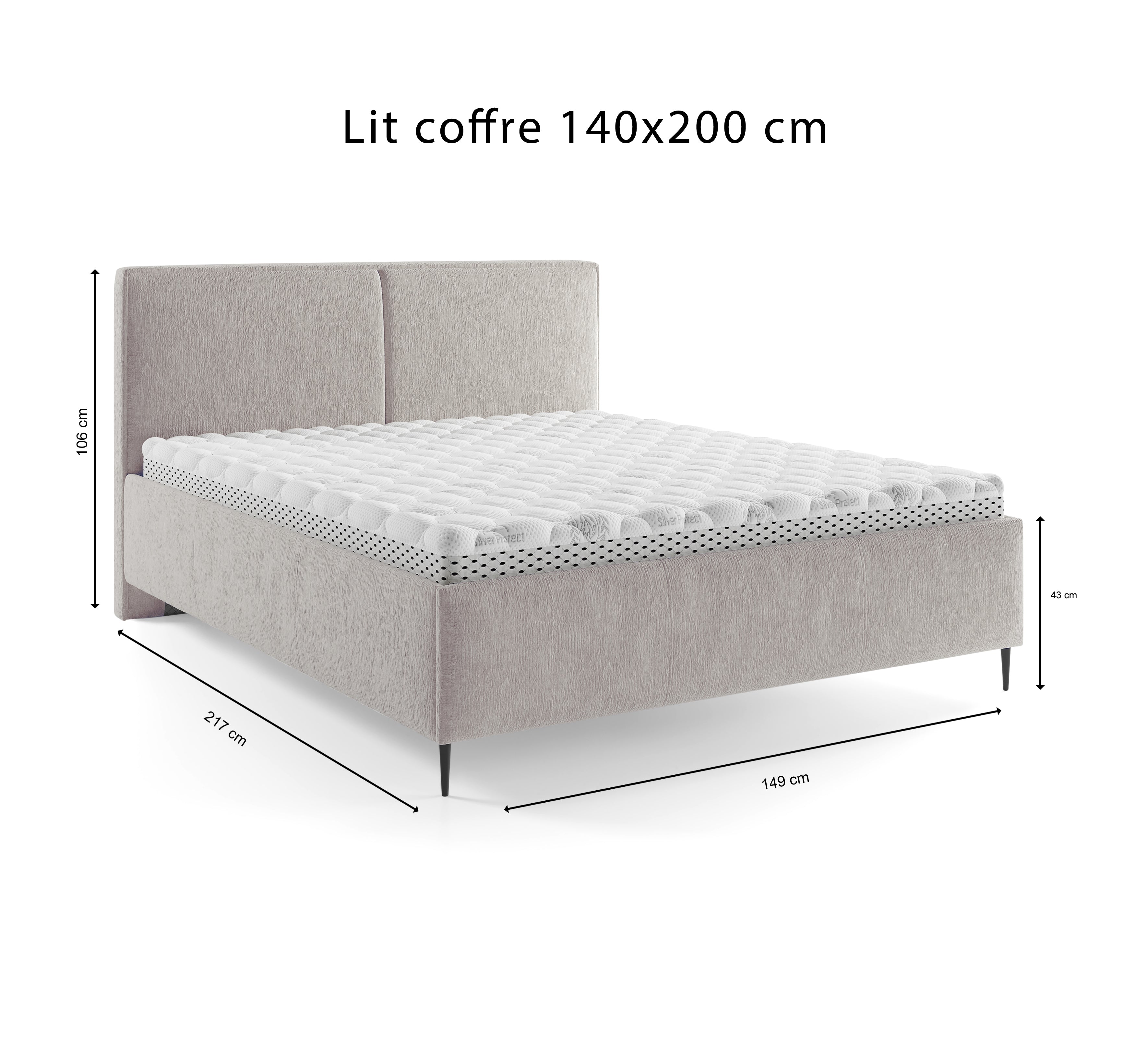 Lit coffre Yvonne le Tac 140x200 en tissu chenille gris clair Paname Avenue, schéma des dimensions du lit
