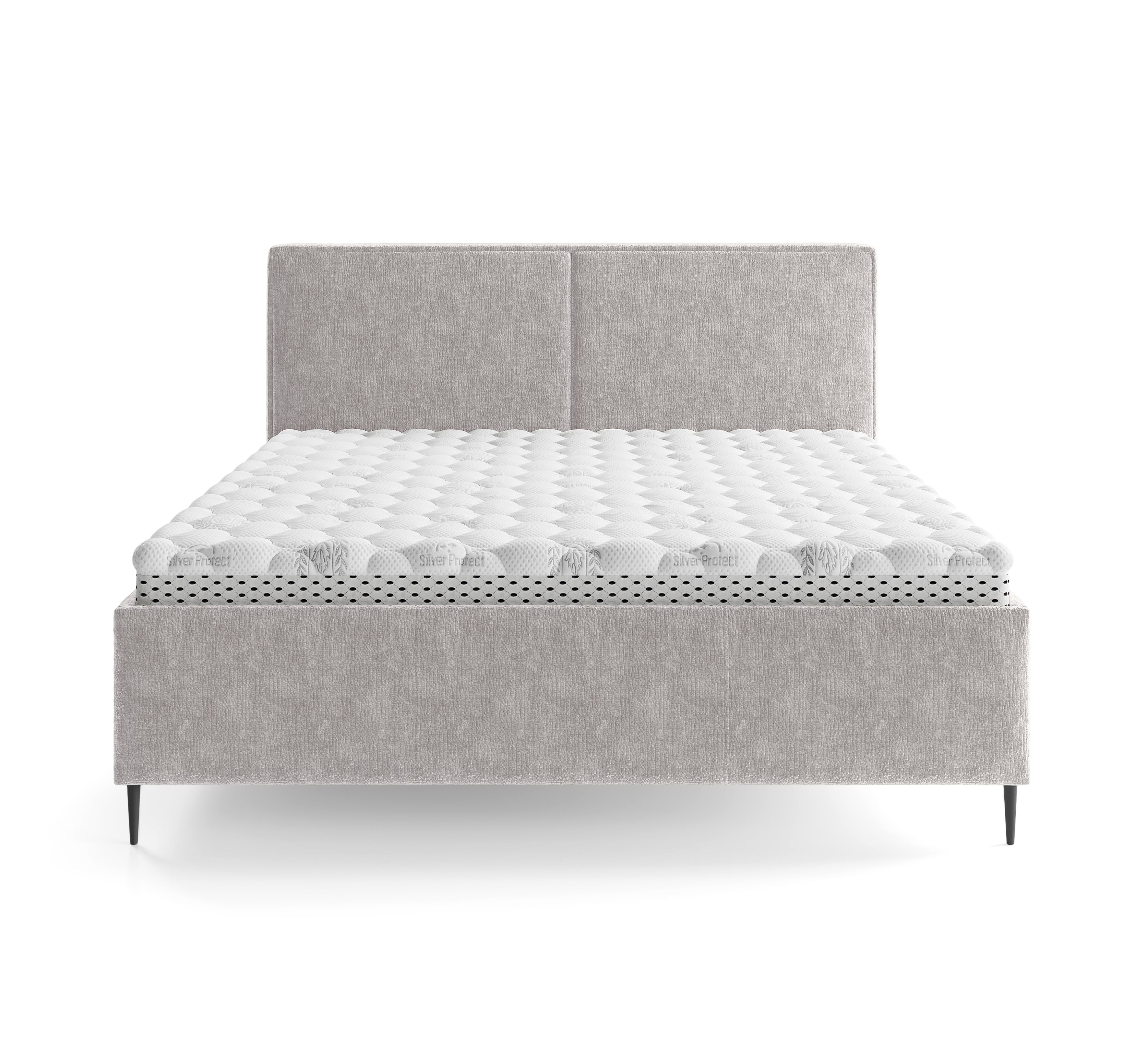 Lit coffre Yvonne le Tac 140x200 en tissu chenille gris clair Paname Avenue, vue de face sur fond blanc