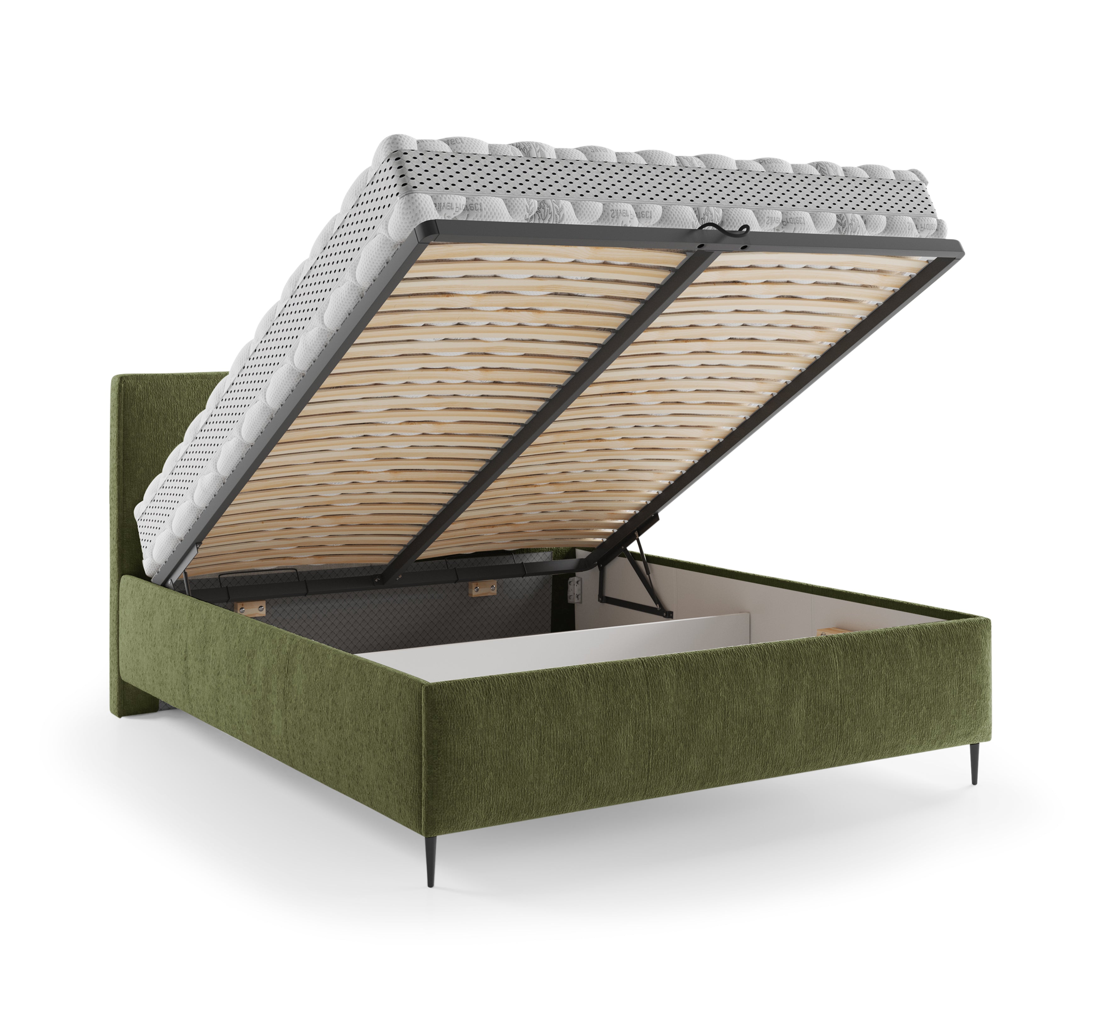 Lit coffre Yvonne le Tac 140x200 en tissu chenille vert olive Paname Avenue, coffre de rangement ouvert sur fond blanc