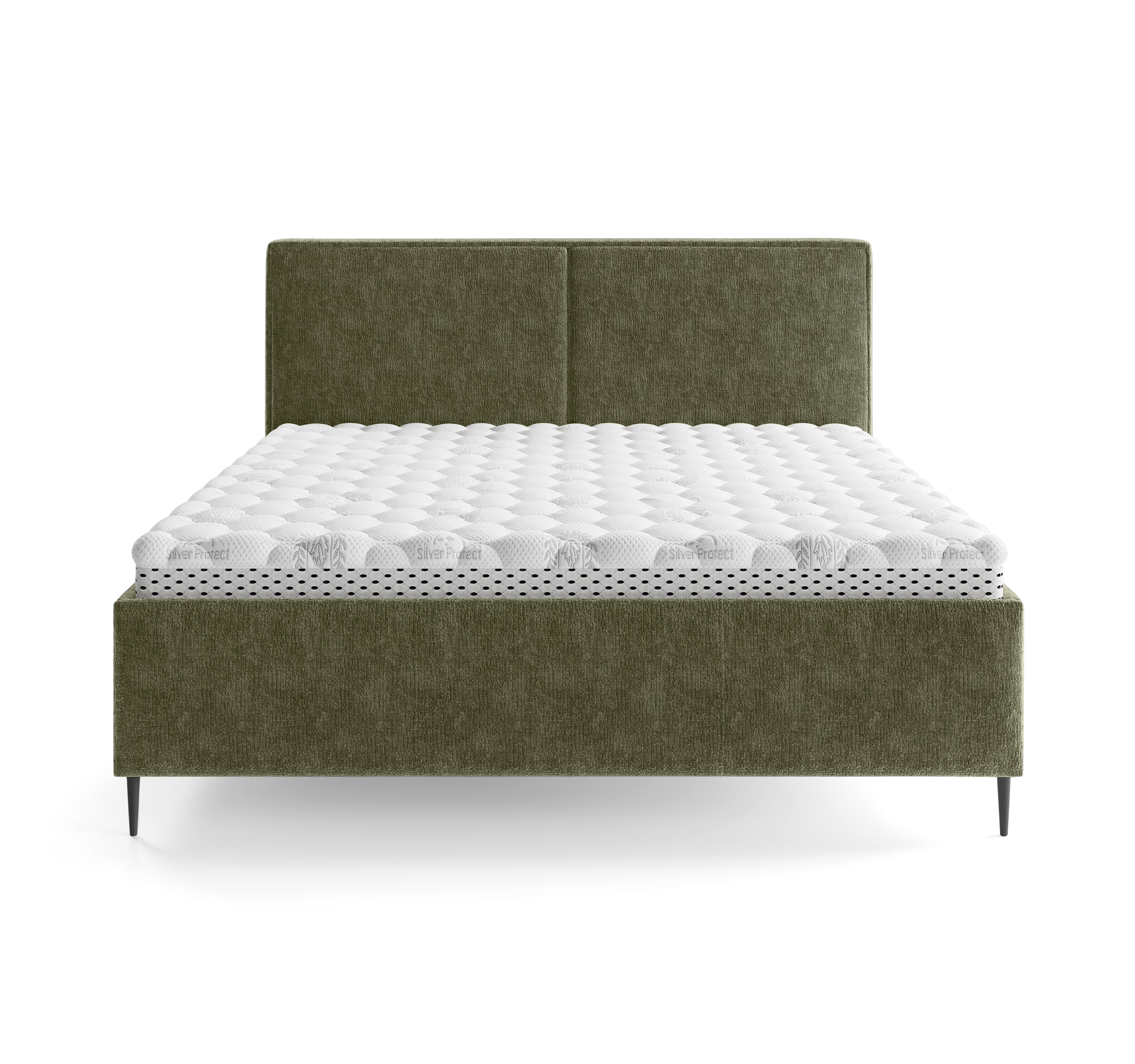 Lit coffre Yvonne le Tac 140x200 en tissu chenille vert olive Paname Avenue, vue de face sur fond blanc

