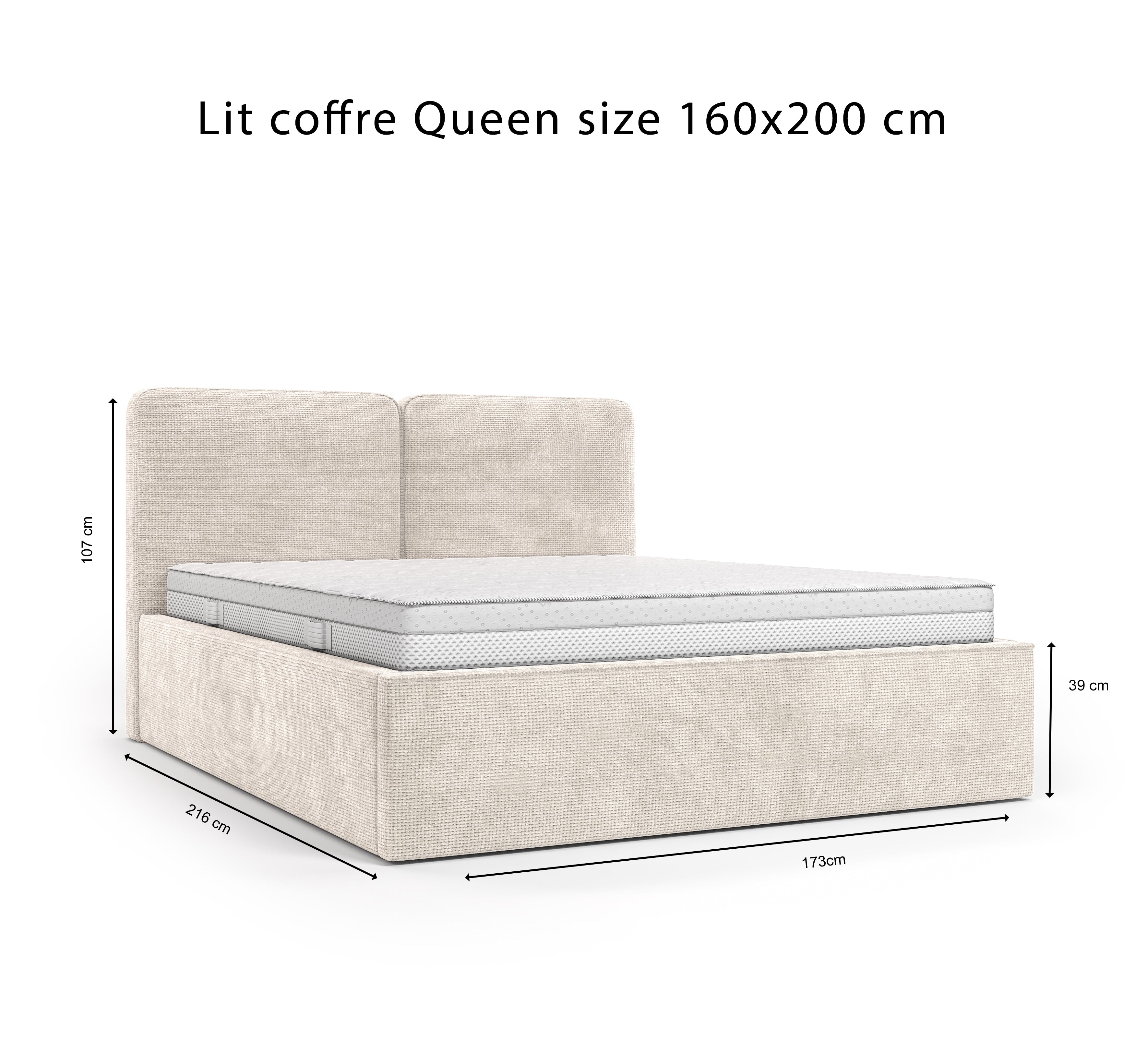 Lit coffre Arbre-Sec 160x200 en tissu chenille beige Paname Avenue, schéma des dimensions du lit