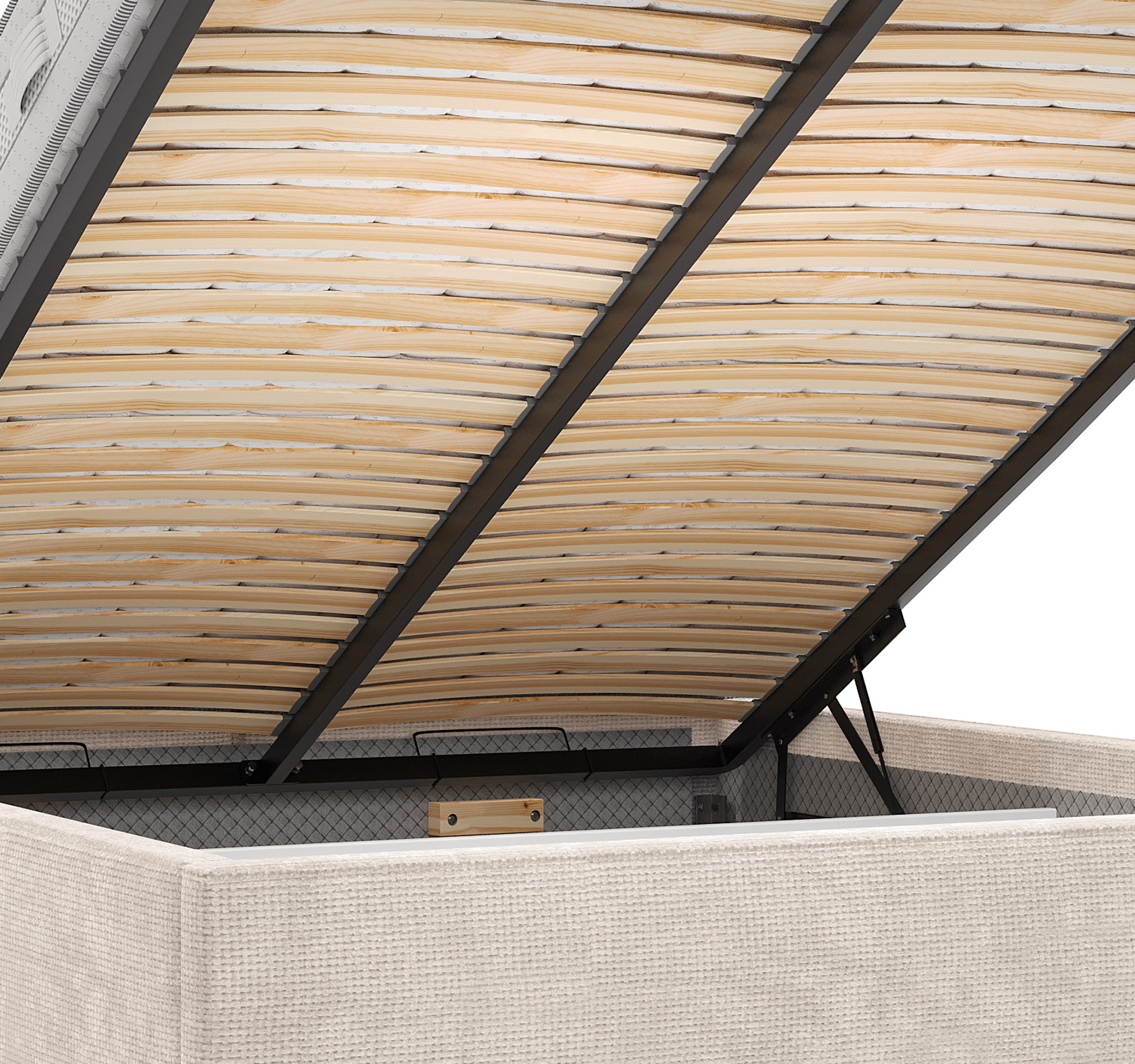 Lit coffre Arbre-Sec 160x200 en tissu chenille beige Paname Avenue, zoom sur le mécanisme de levage