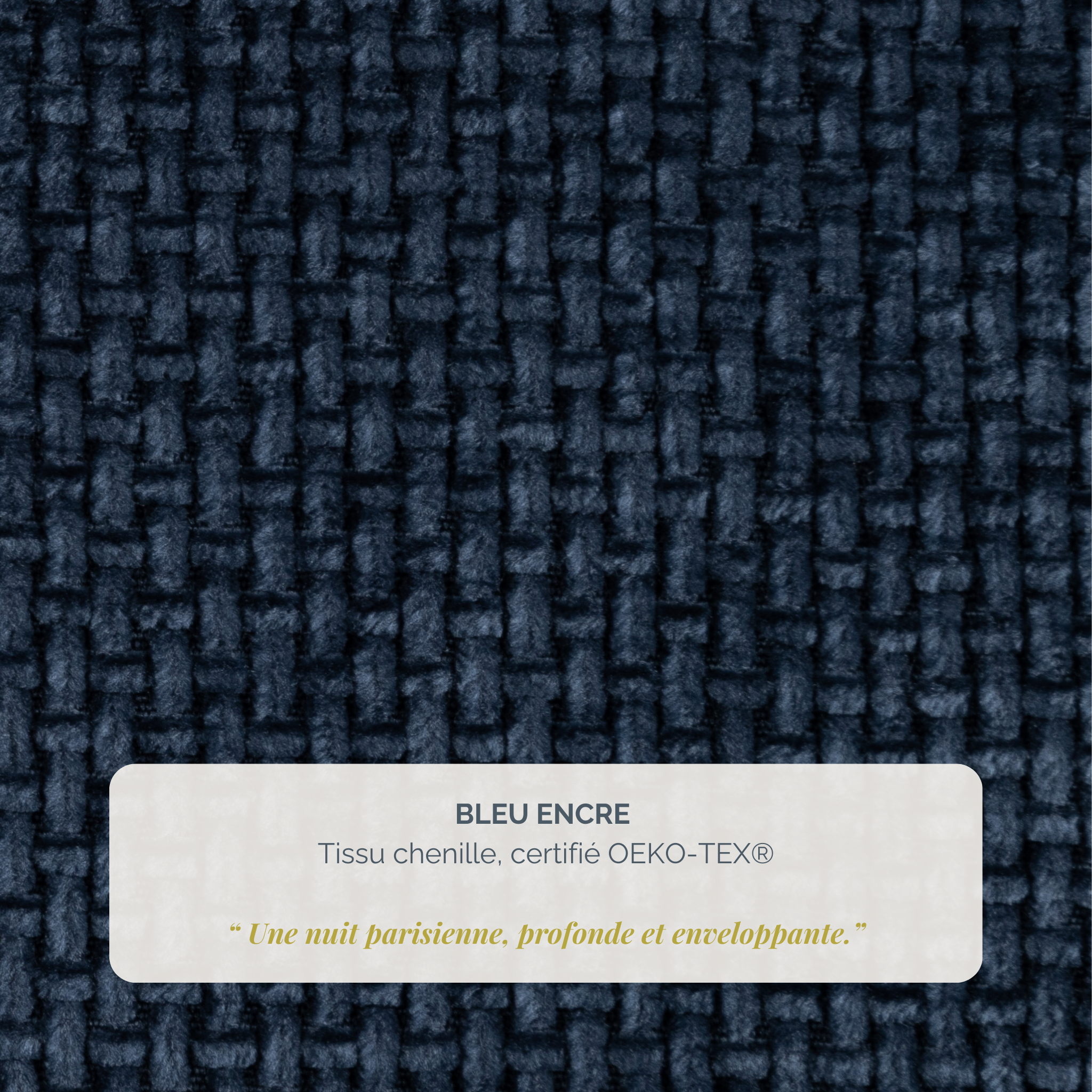 Lit coffre Arbre-Sec 160x200 en tissu chenille bleu Paname Avenue, détail de la texture du revêtement