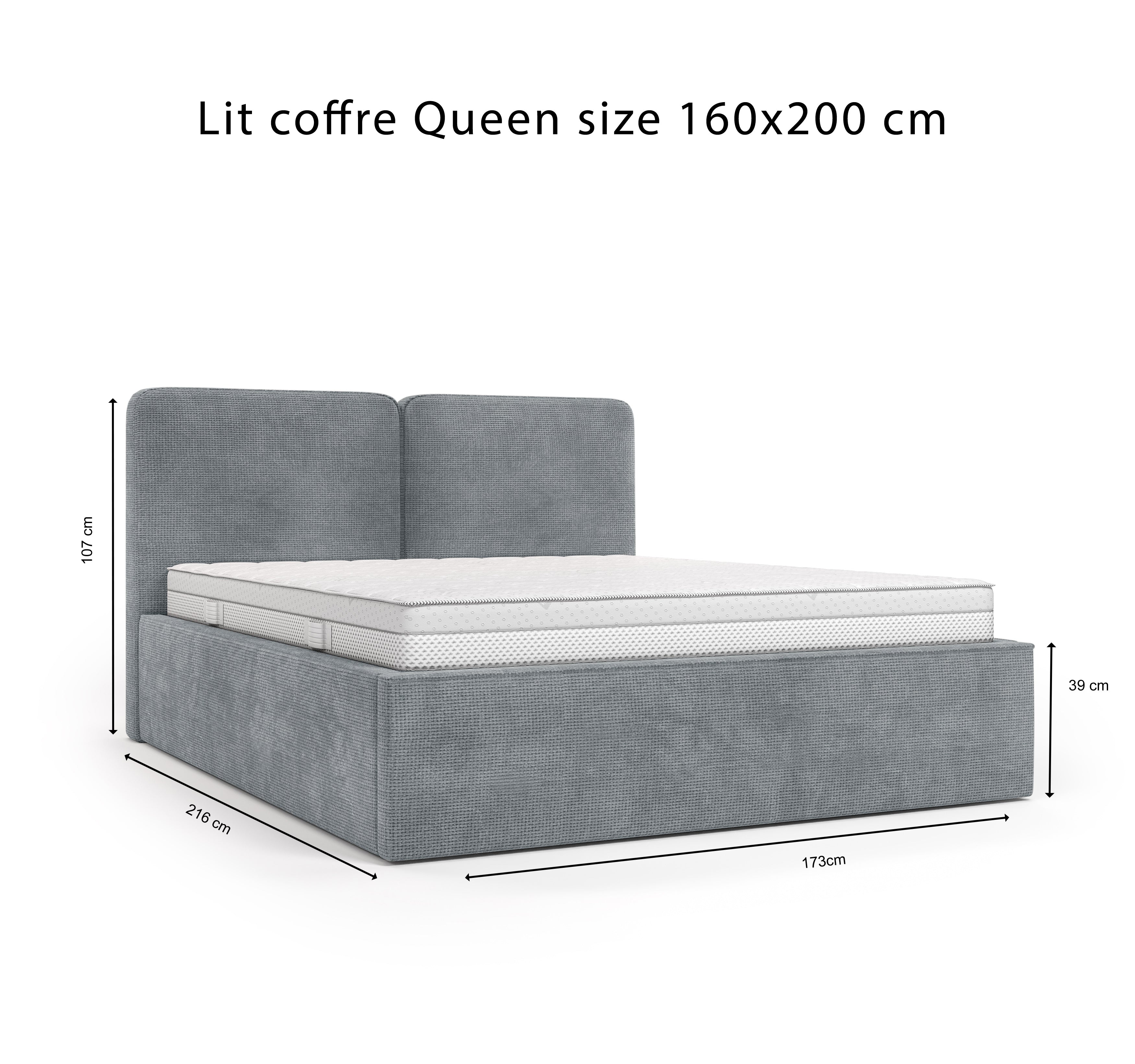 Lit coffre Arbre-Sec 160x200 en tissu chenille gris Paname Avenue, schéma des dimensions du lit