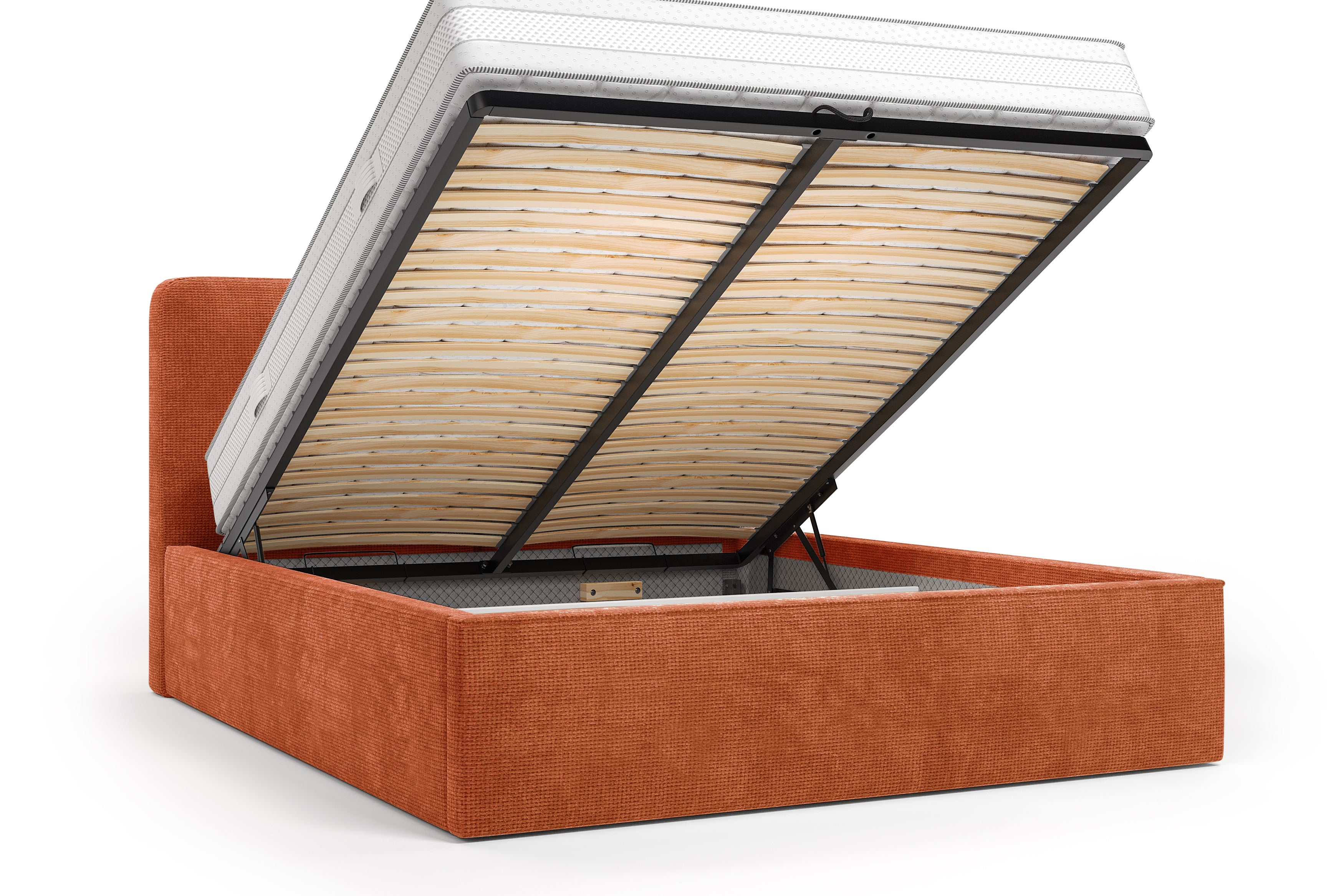 Lit coffre Arbre-Sec 160x200 en tissu chenille terracotta Paname Avenue, coffre de rangement ouvert sur fond blanc