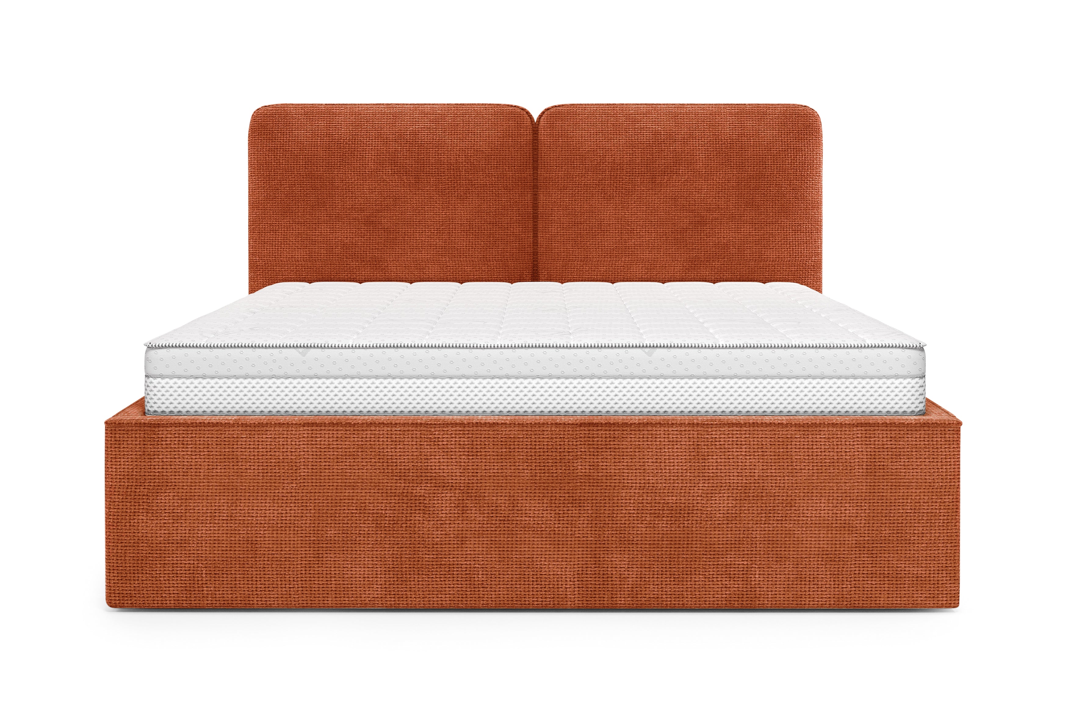 Lit coffre Arbre-Sec 160x200 en tissu chenille terracotta Paname Avenue, vue de face sur fond blanc