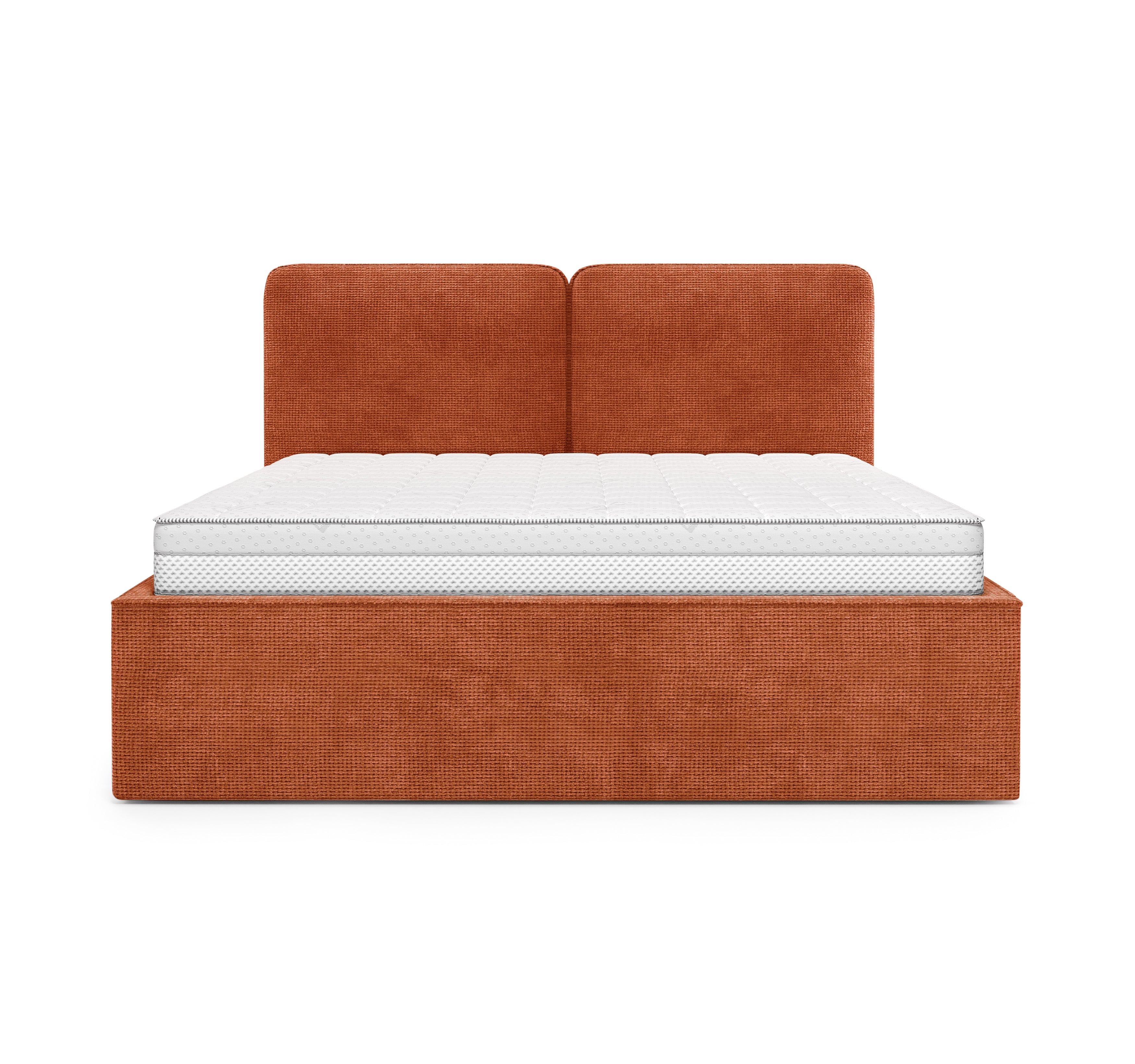 Lit coffre Arbre-Sec 160x200 en tissu chenille terracotta Paname Avenue, vue de face sur fond blanc