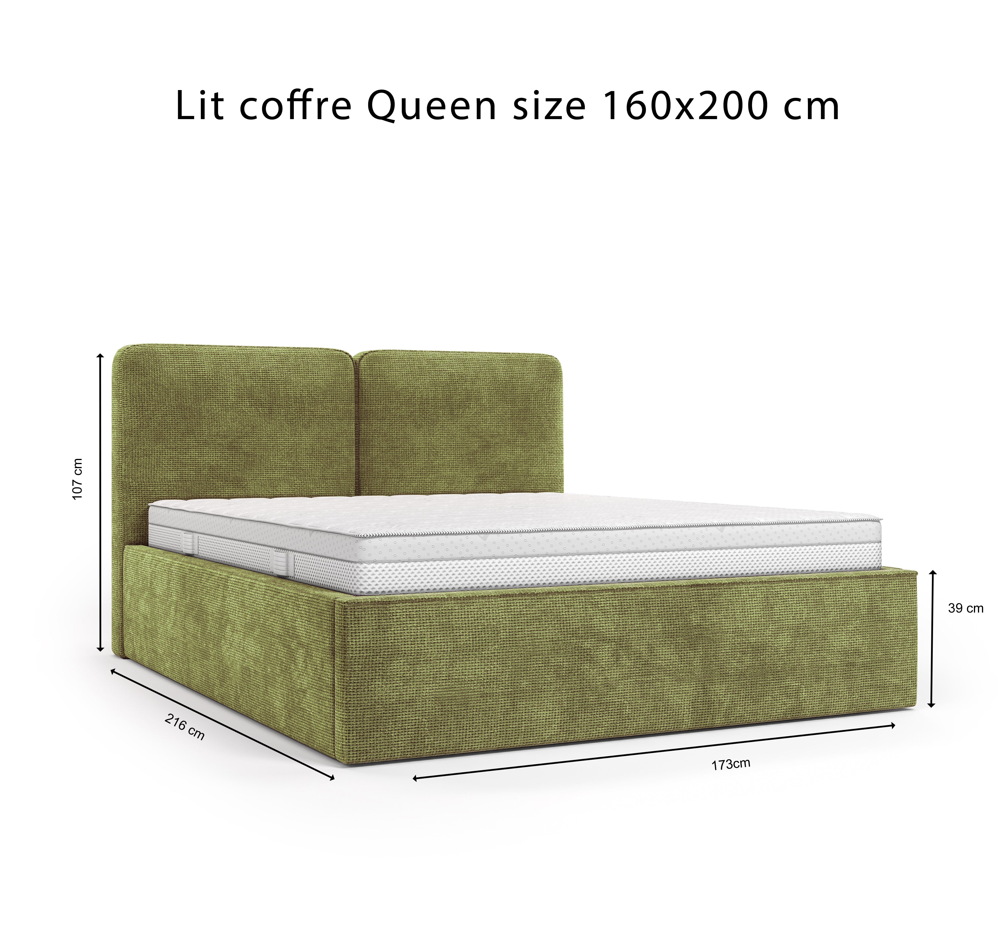 Lit coffre Arbre-Sec 160x200 en tissu chenille vert olive Paname Avenue, schéma des dimensions du lit