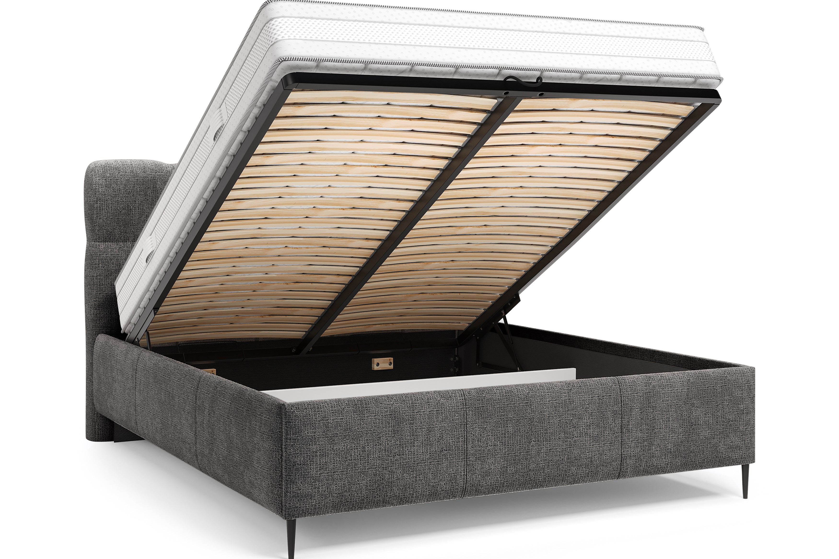 Lit coffre Four 160x200 cm en tissu chenille anthracite Paname Avenue, coffre de rangement ouvert sur fond blanc