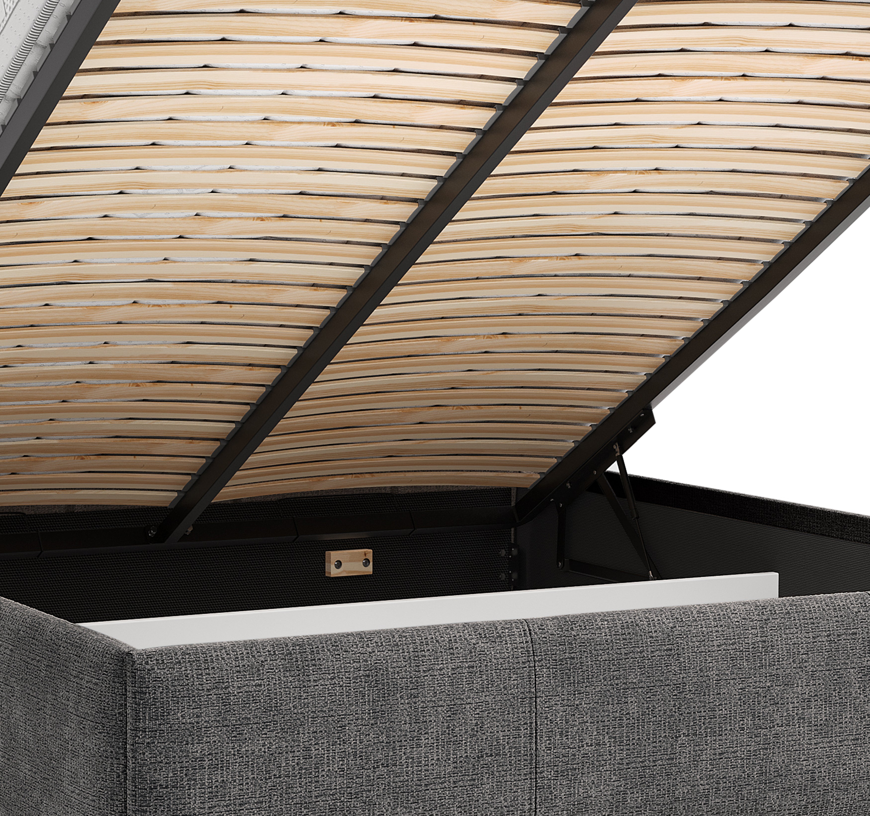 Lit coffre Four 160x200 cm en tissu chenille anthracite Paname Avenue, zoom sur le mécanisme de levage