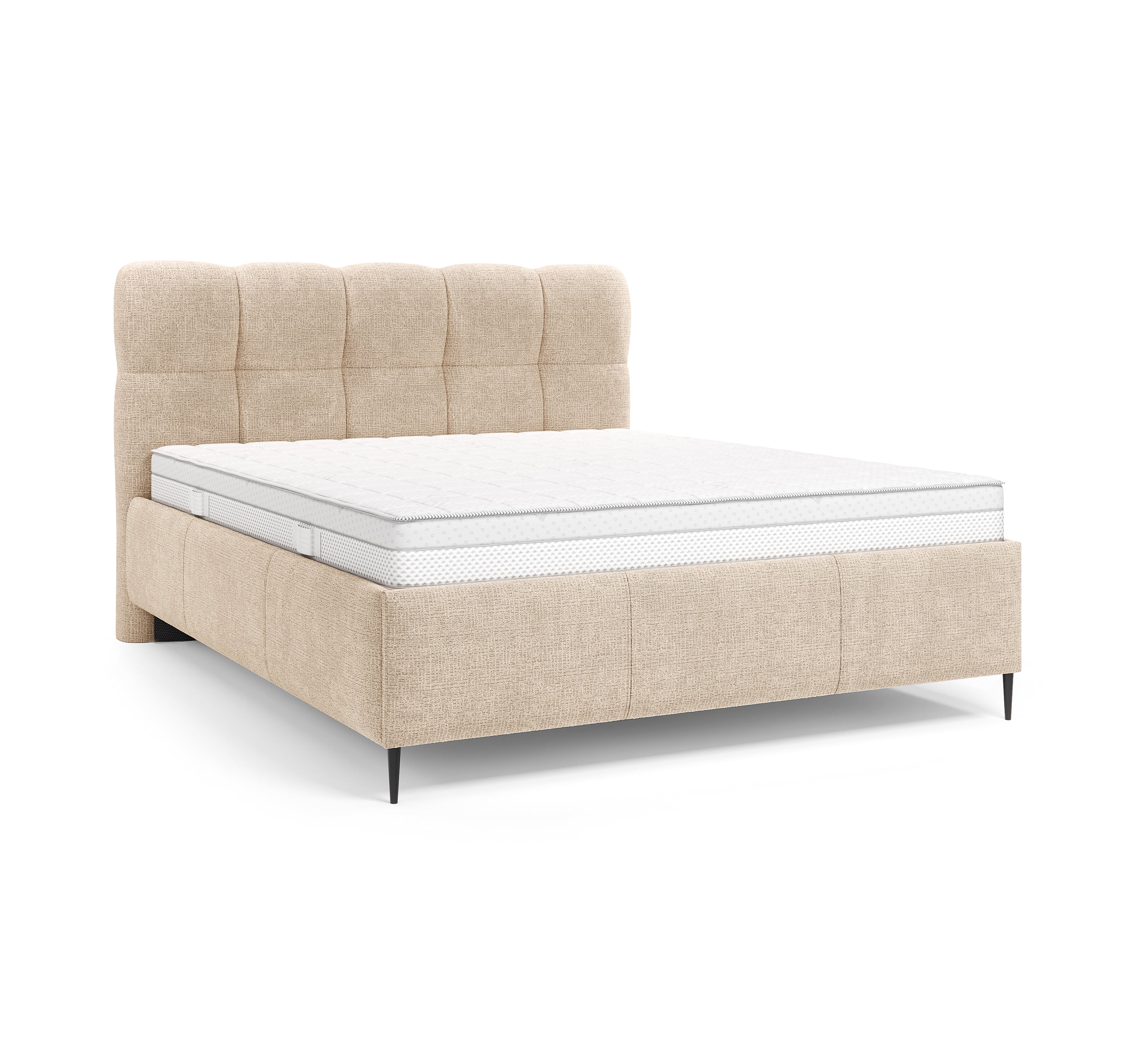 Lit coffre Four 160x200 cm en tissu chenille beige Paname Avenue, vue trois-quarts sur fond blanc