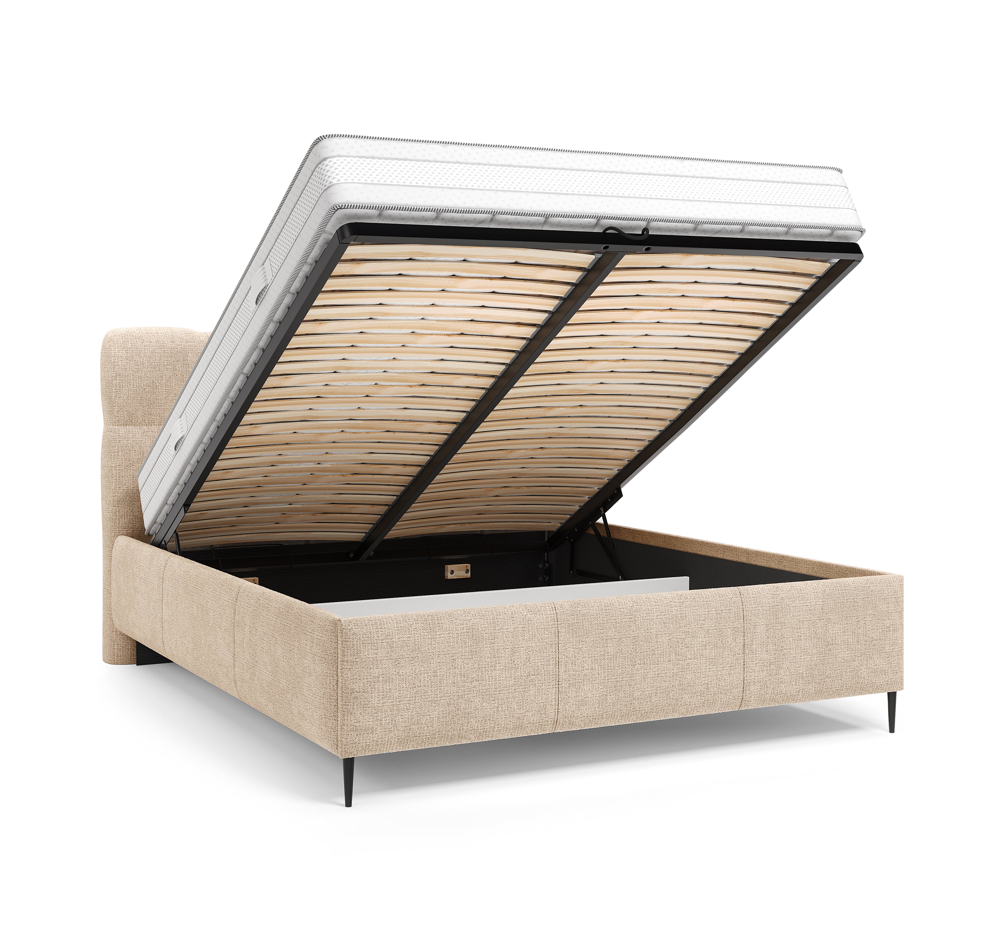 Lit coffre Four 160x200 cm en tissu chenille beige Paname Avenue, coffre de rangement ouvert sur fond blanc