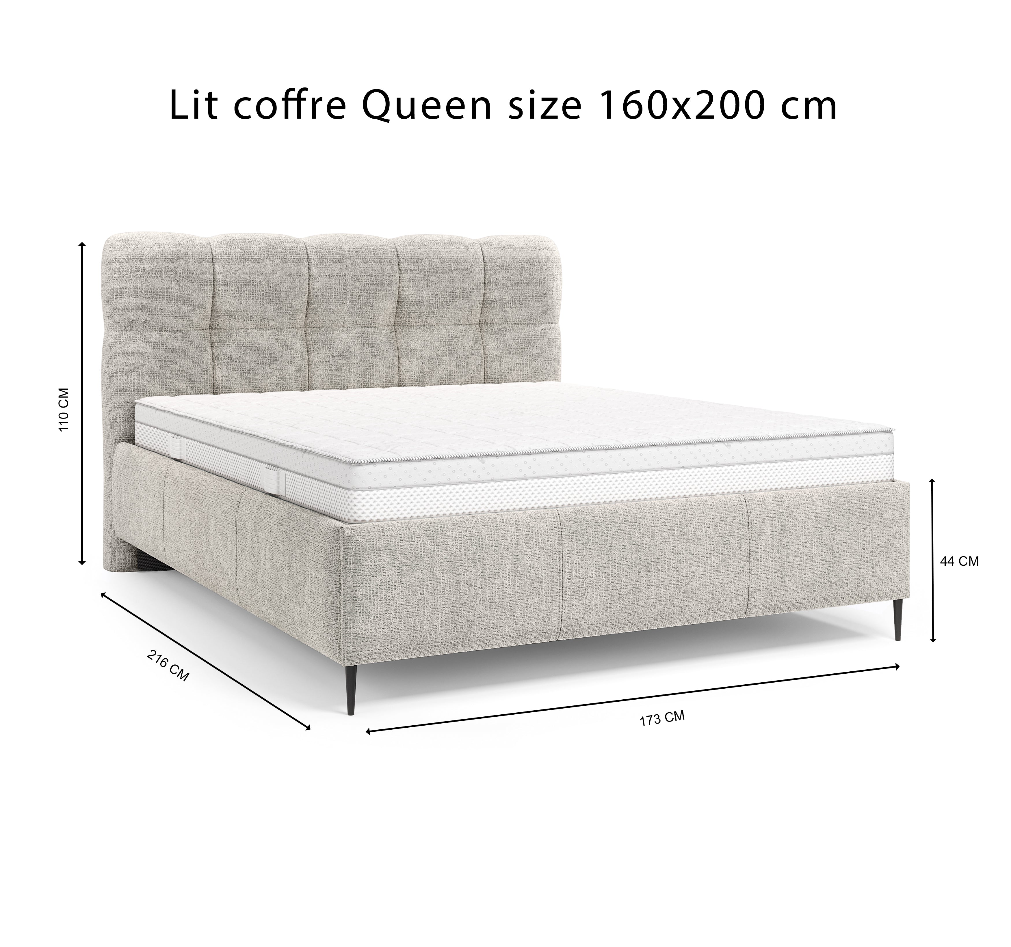 Lit coffre Four 160x200 cm en tissu chenille gris clair Paname Avenue, schéma des dimensions du lit
