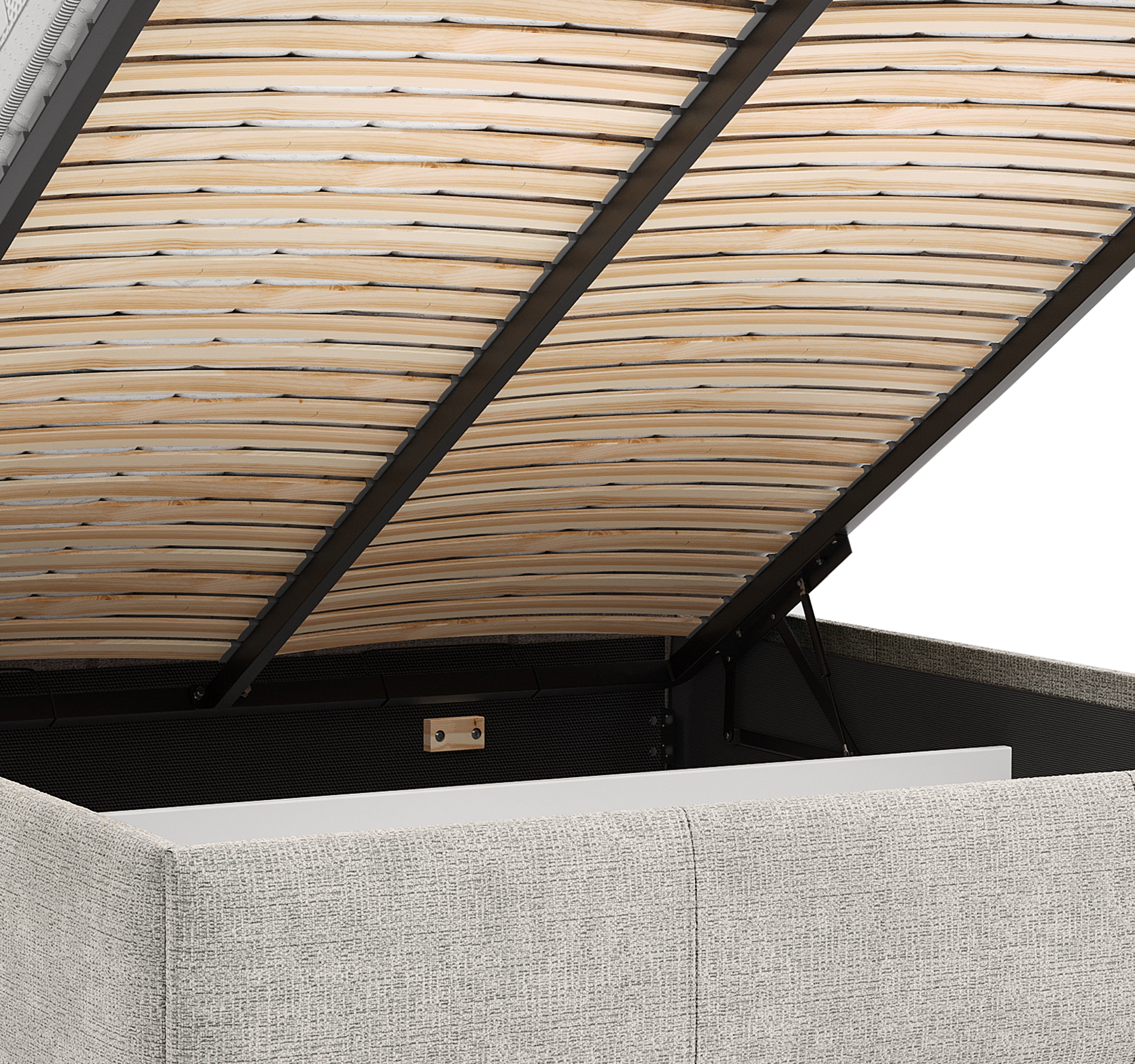 Lit coffre Four 160x200 cm en tissu chenille gris clair Paname Avenue, zoom sur le mécanisme de levage