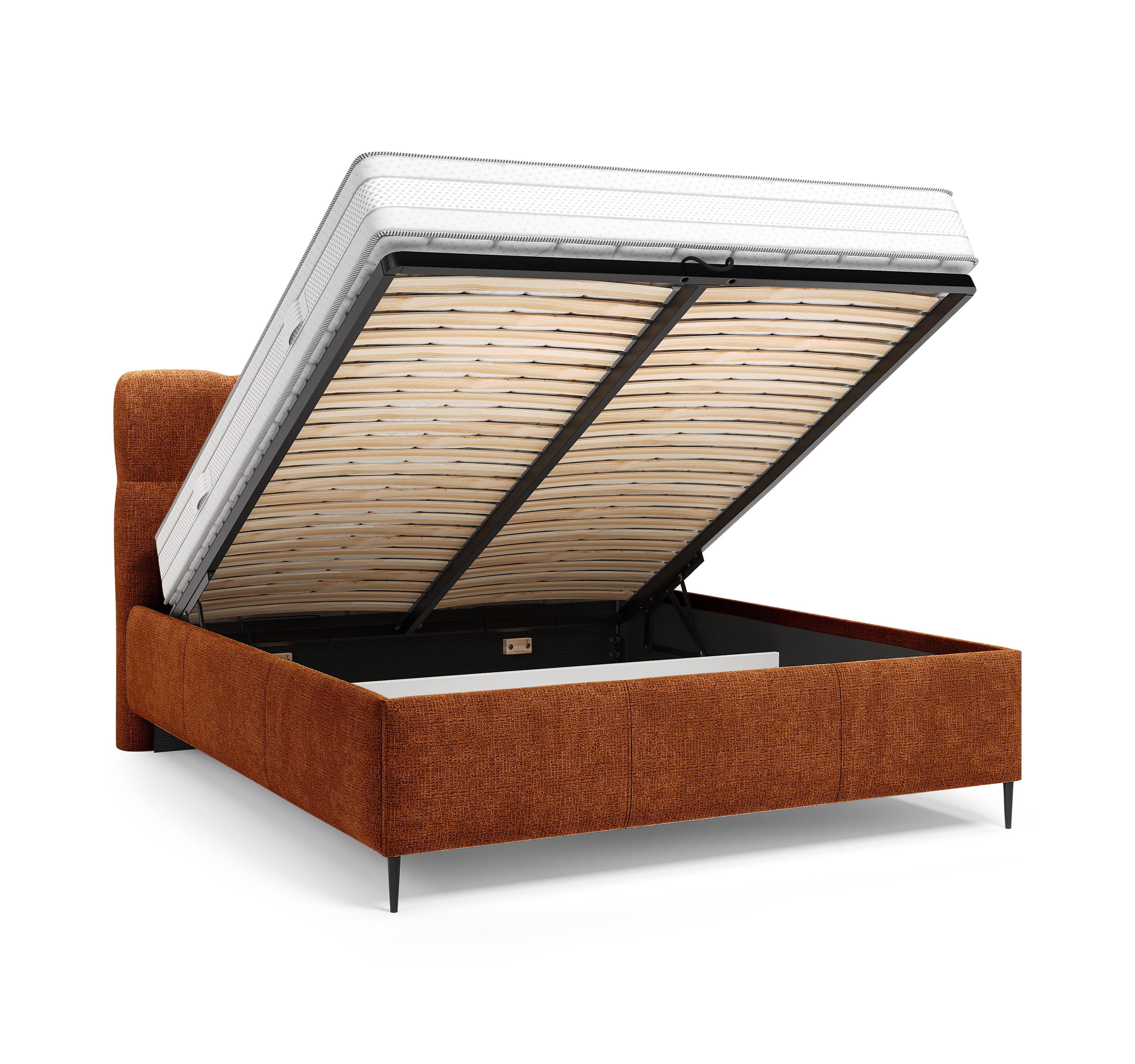 Lit coffre Four 160x200 cm en tissu chenille terracotta Paname Avenue, coffre de rangement ouvert sur fond blanc