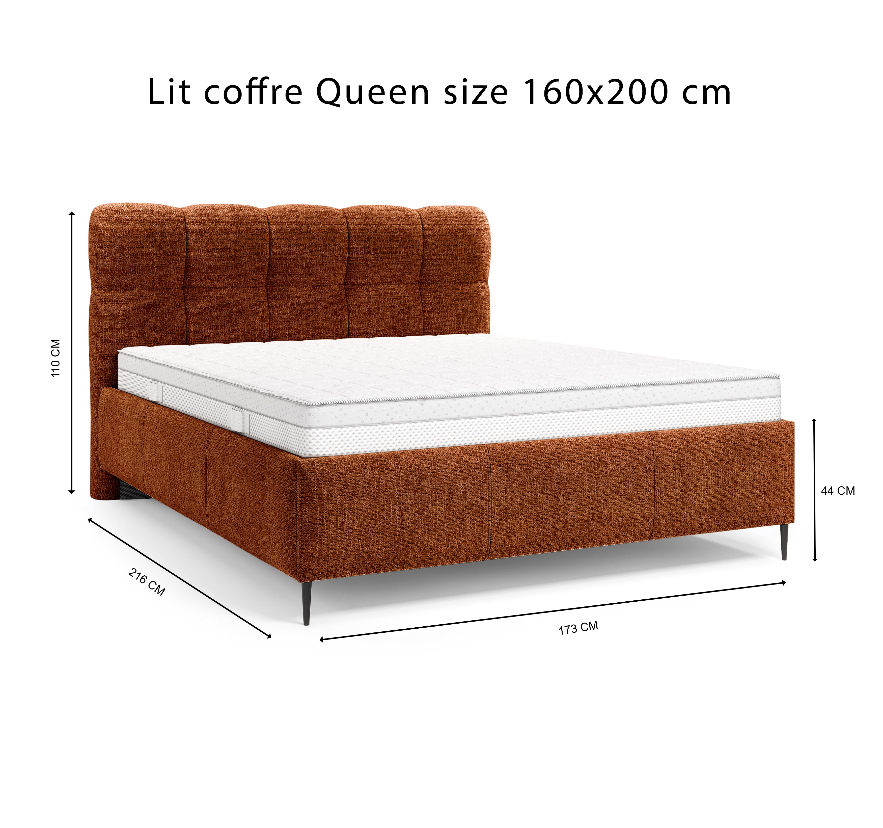 Lit coffre Four 160x200 cm en tissu chenille terracotta Paname Avenue, schéma des dimensions du lit