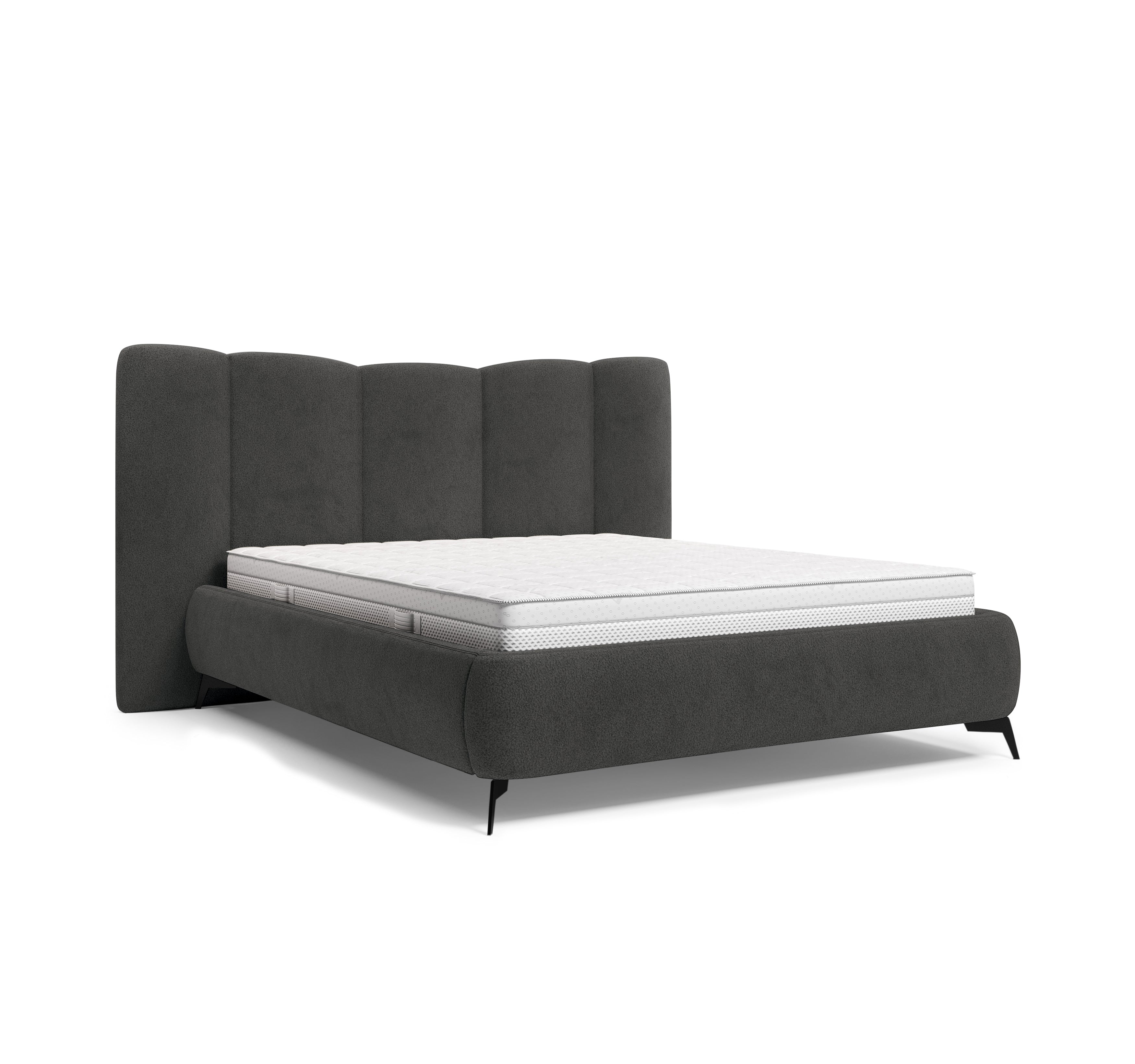 Lit coffre François Miron 160x200 cm en tissu chenille anthracite Paname Avenue, vue trois-quarts sur fond blanc