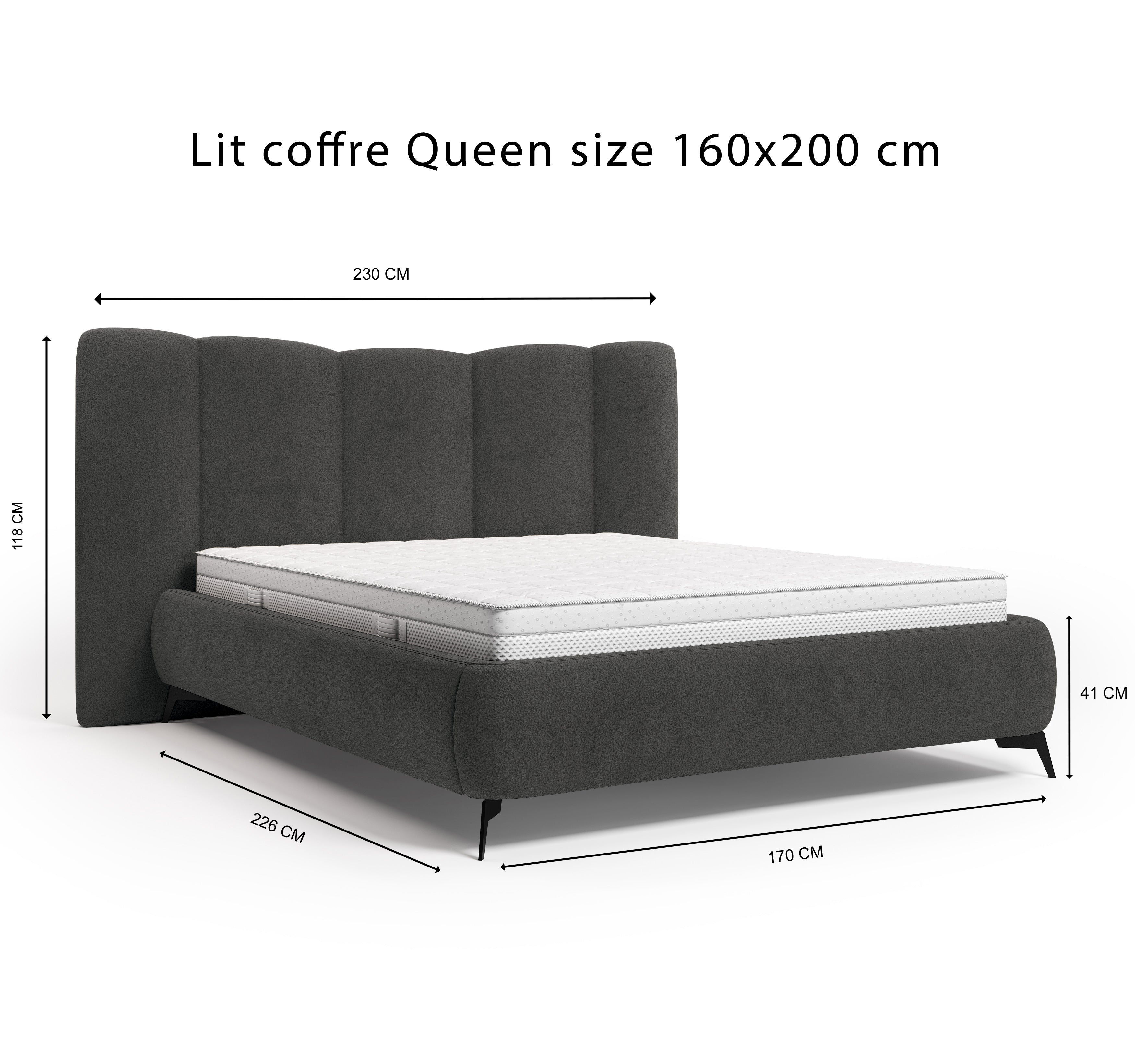 Lit coffre François Miron 160x200 cm en tissu chenille anthracite Paname Avenue, schéma des dimensions du lit