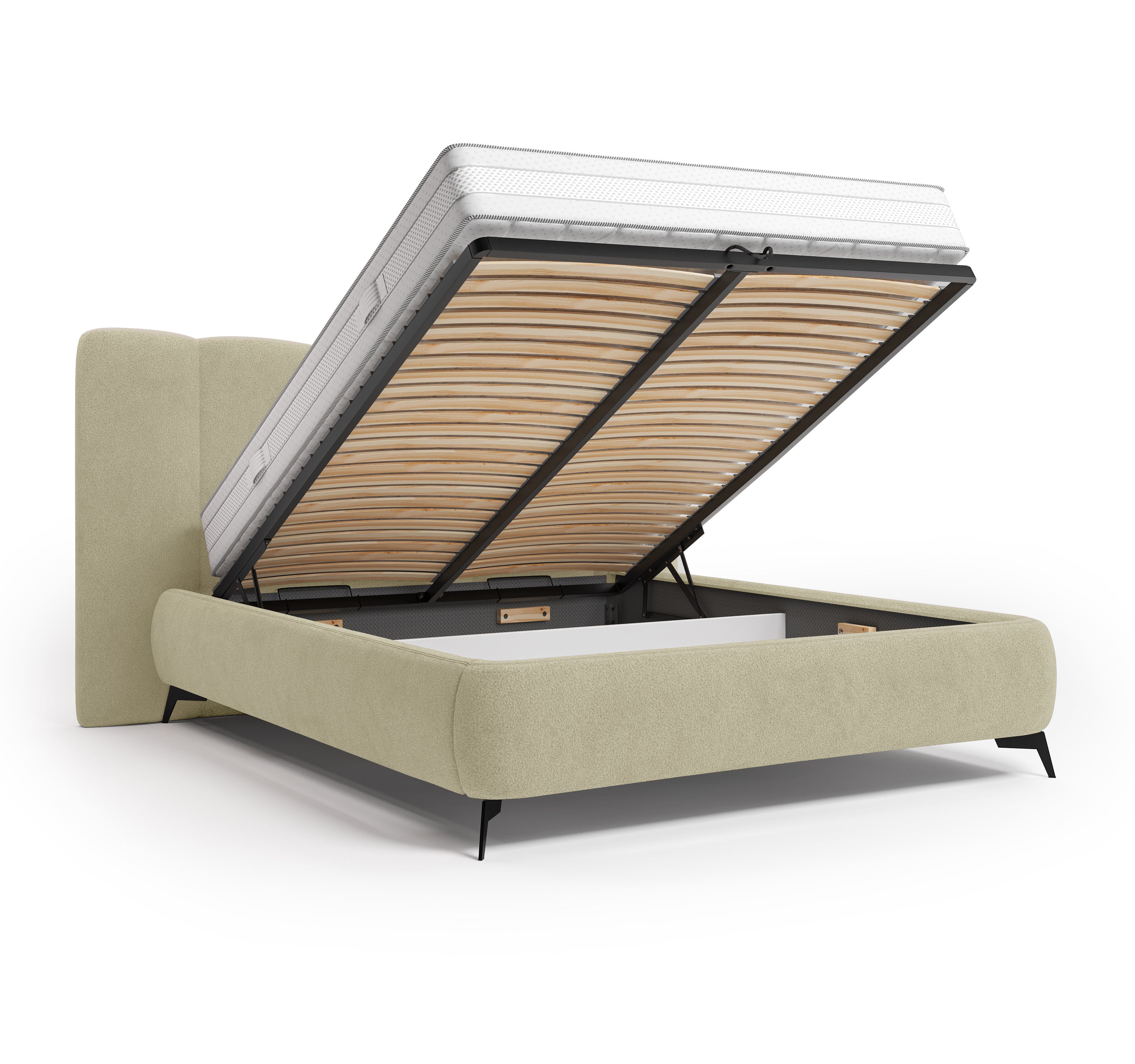 Lit coffre François Miron 160x200 cm en tissu chenille beige Paname Avenue, coffre de rangement ouvert sur fond blanc