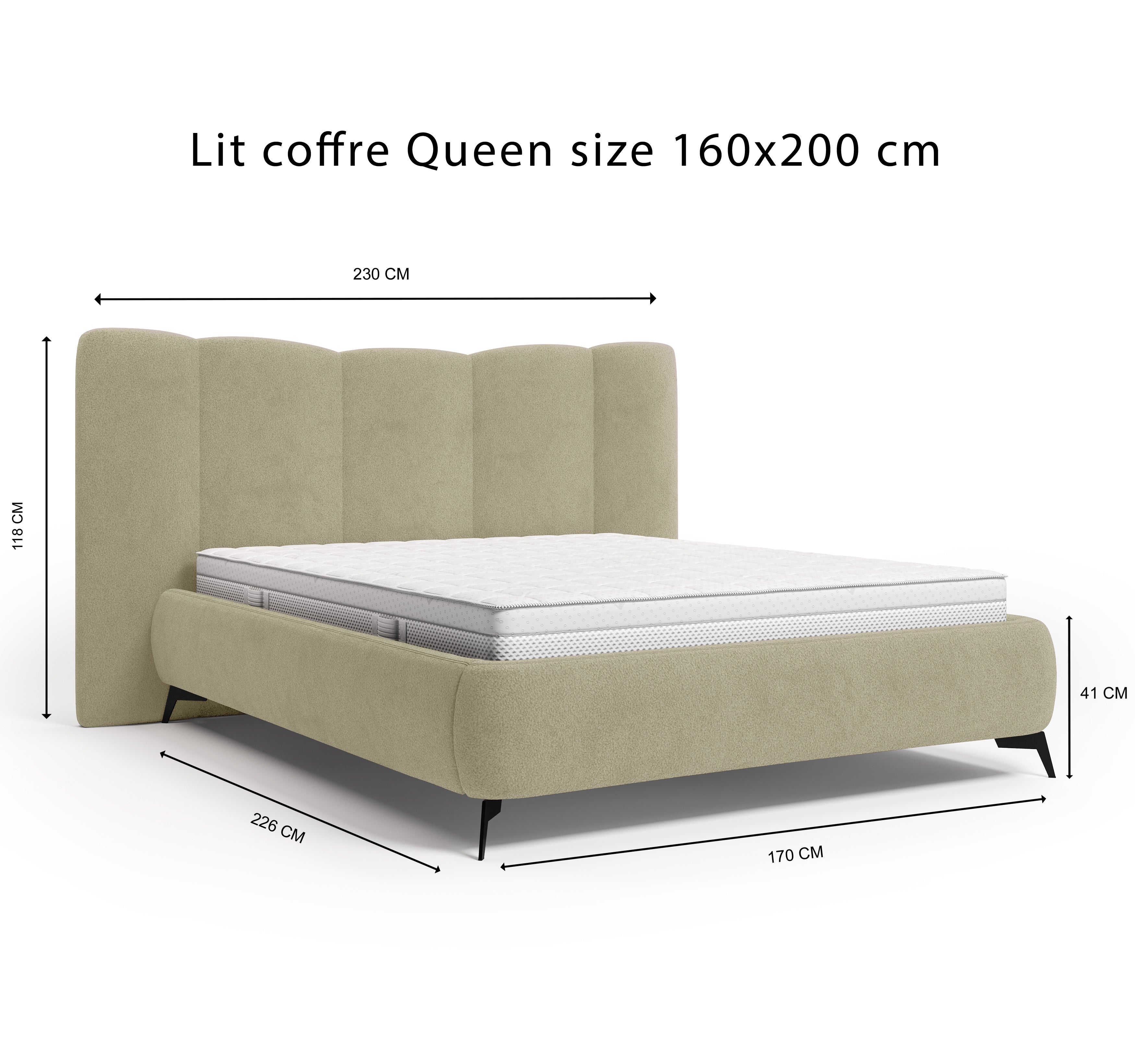 Lit coffre François Miron 160x200 cm en tissu chenille beige Paname Avenue, schéma des dimensions du lit