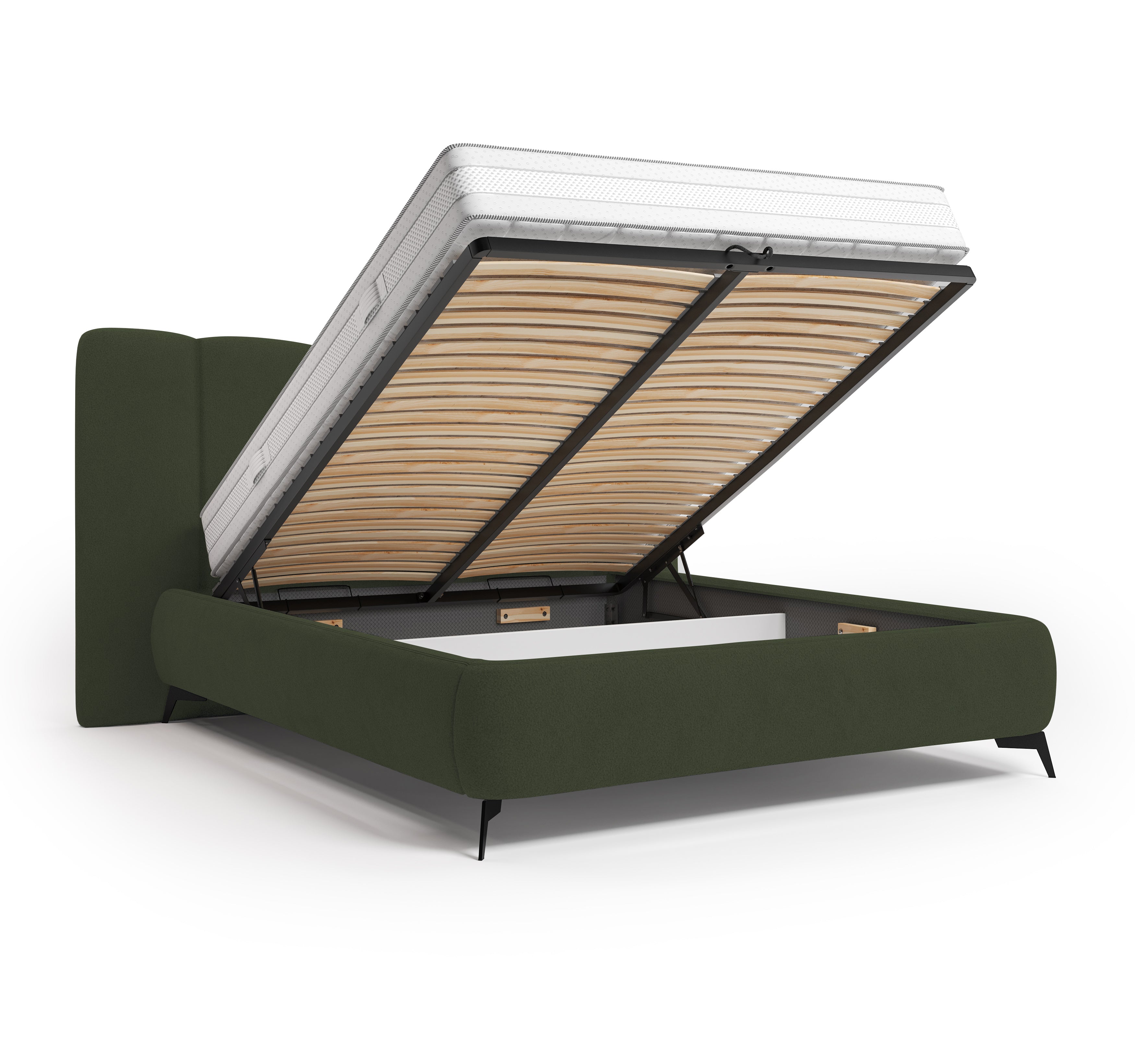 Lit coffre François Miron 160x200 cm en tissu chenille vert Paname Avenue, coffre de rangement ouvert sur fond blanc