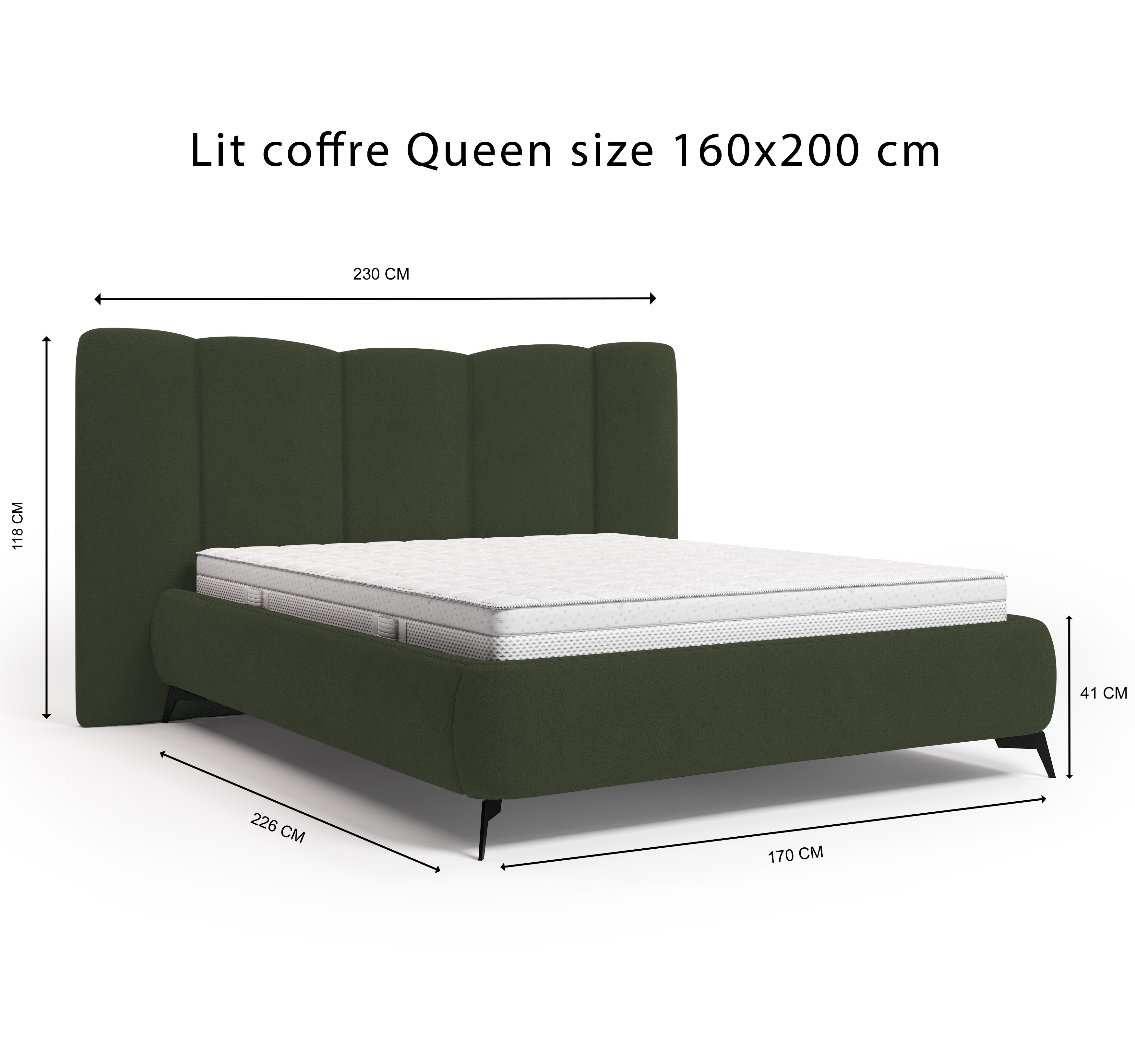 Lit coffre François Miron 160x200 cm en tissu chenille vert Paname Avenue, schéma des dimensions du lit