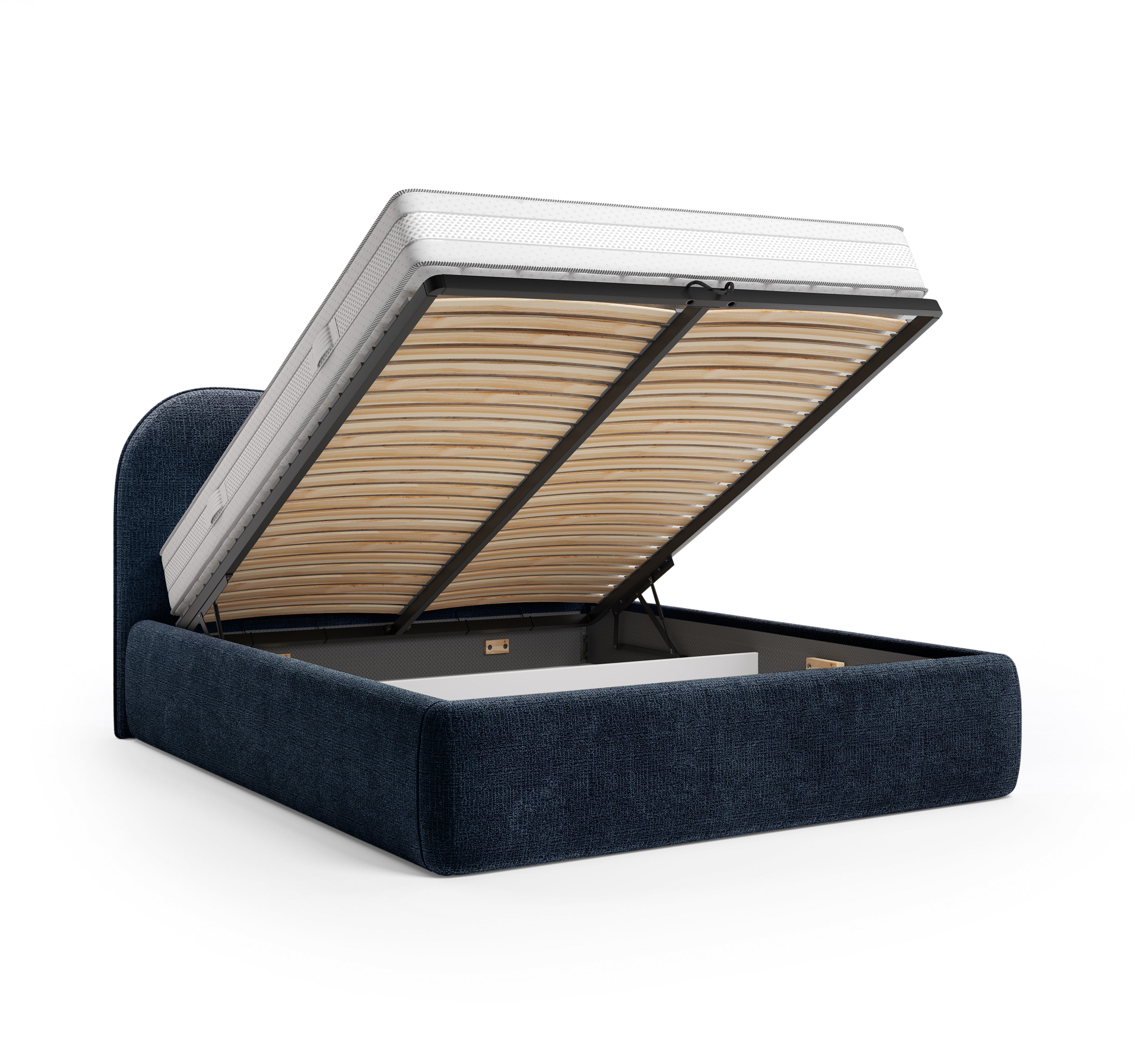 Lit coffre Gravilliers 160x200 cm en tissu chenille bleu Paname Avenue, coffre de rangement ouvert sur fond blanc