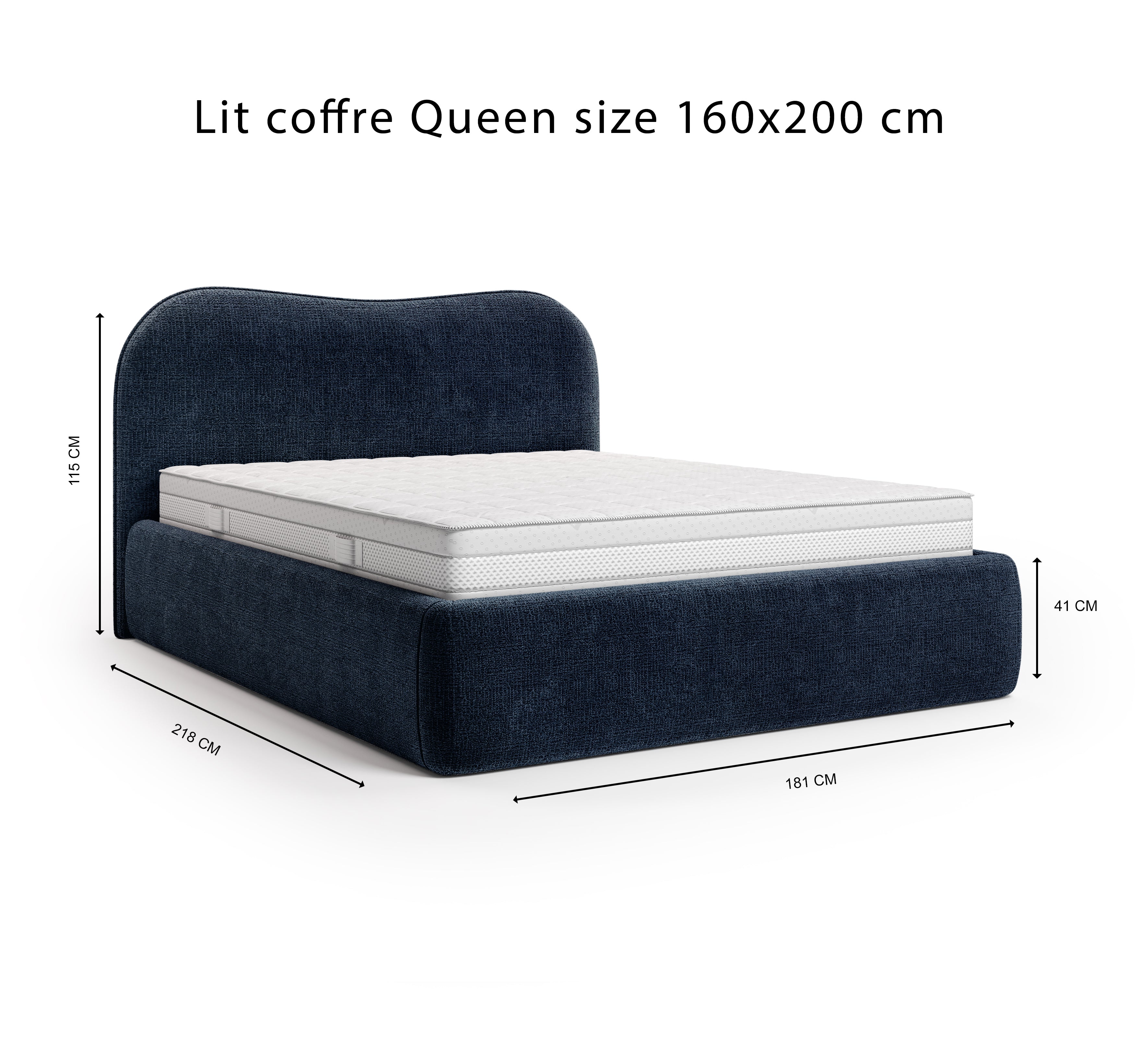 Lit coffre Gravilliers 160x200 cm en tissu chenille bleu Paname Avenue, schéma des dimensions du lit