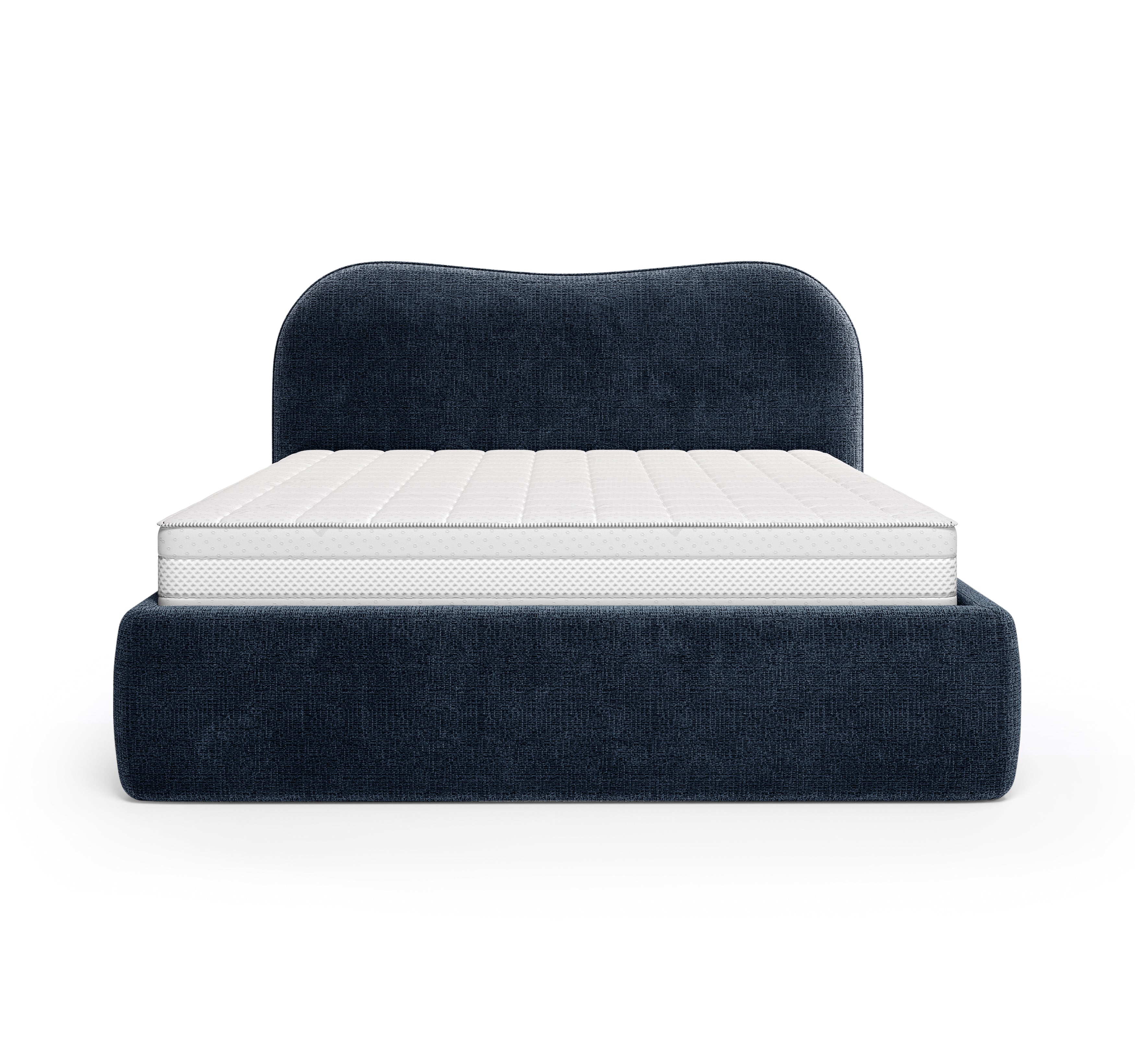 Lit coffre Gravilliers 160x200 cm en tissu chenille bleu Paname Avenue, vue de face sur fond blanc