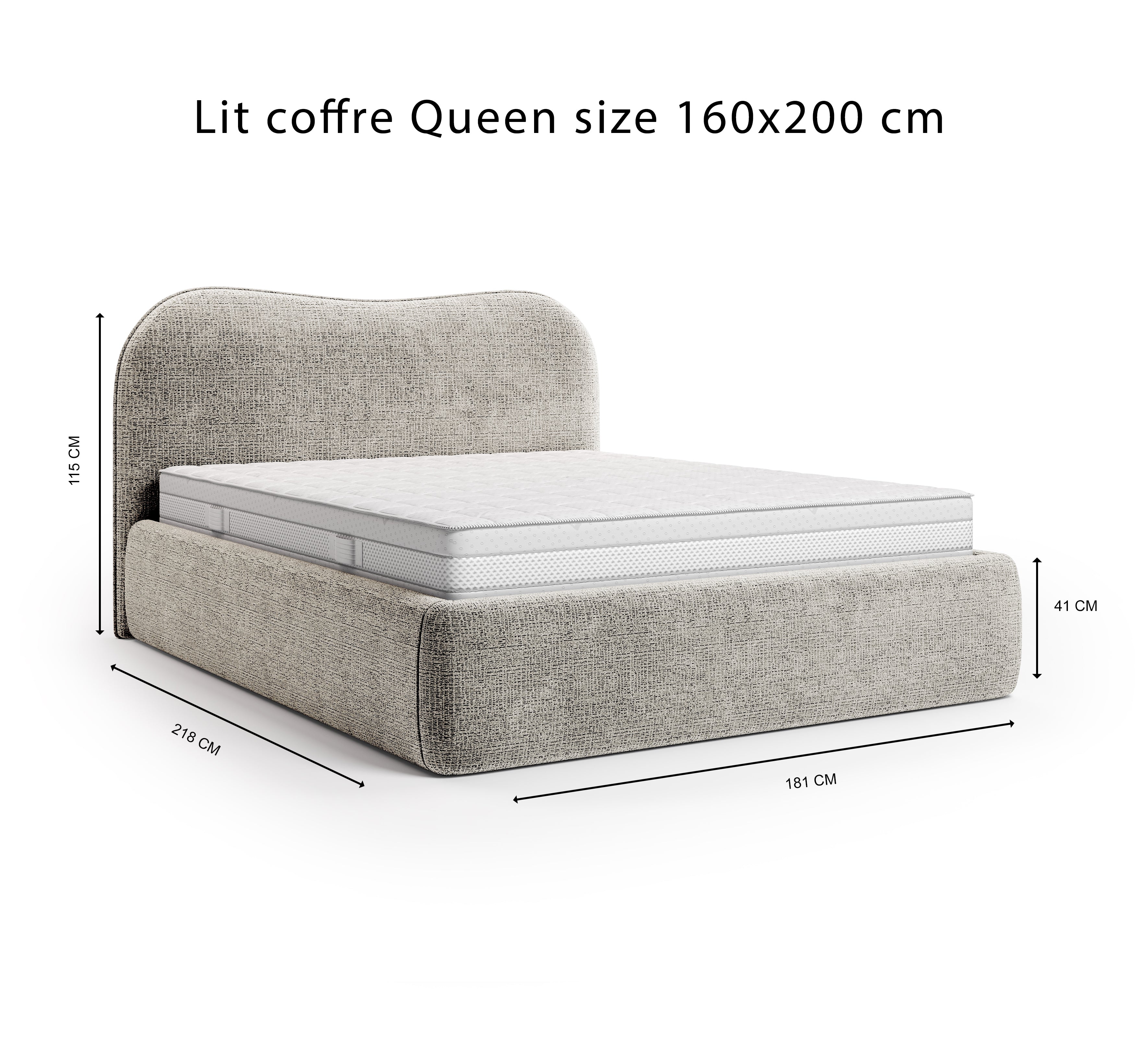 Lit coffre Gravilliers 160x200 cm en tissu chenille gris clair Paname Avenue, schéma des dimensions du lit