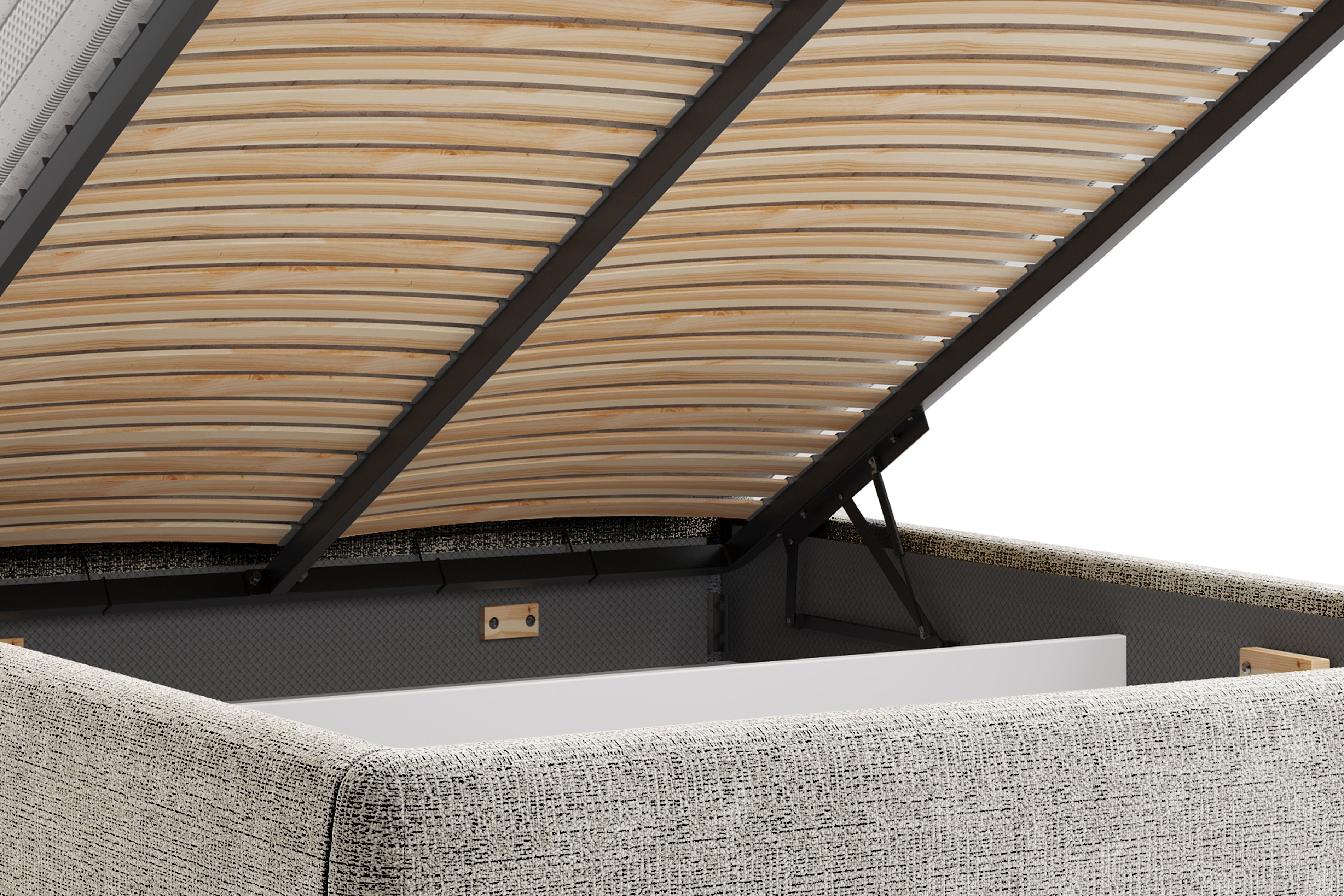Lit coffre Gravilliers 160x200 cm en tissu chenille gris clair Paname Avenue, zoom sur le mécanisme de levage