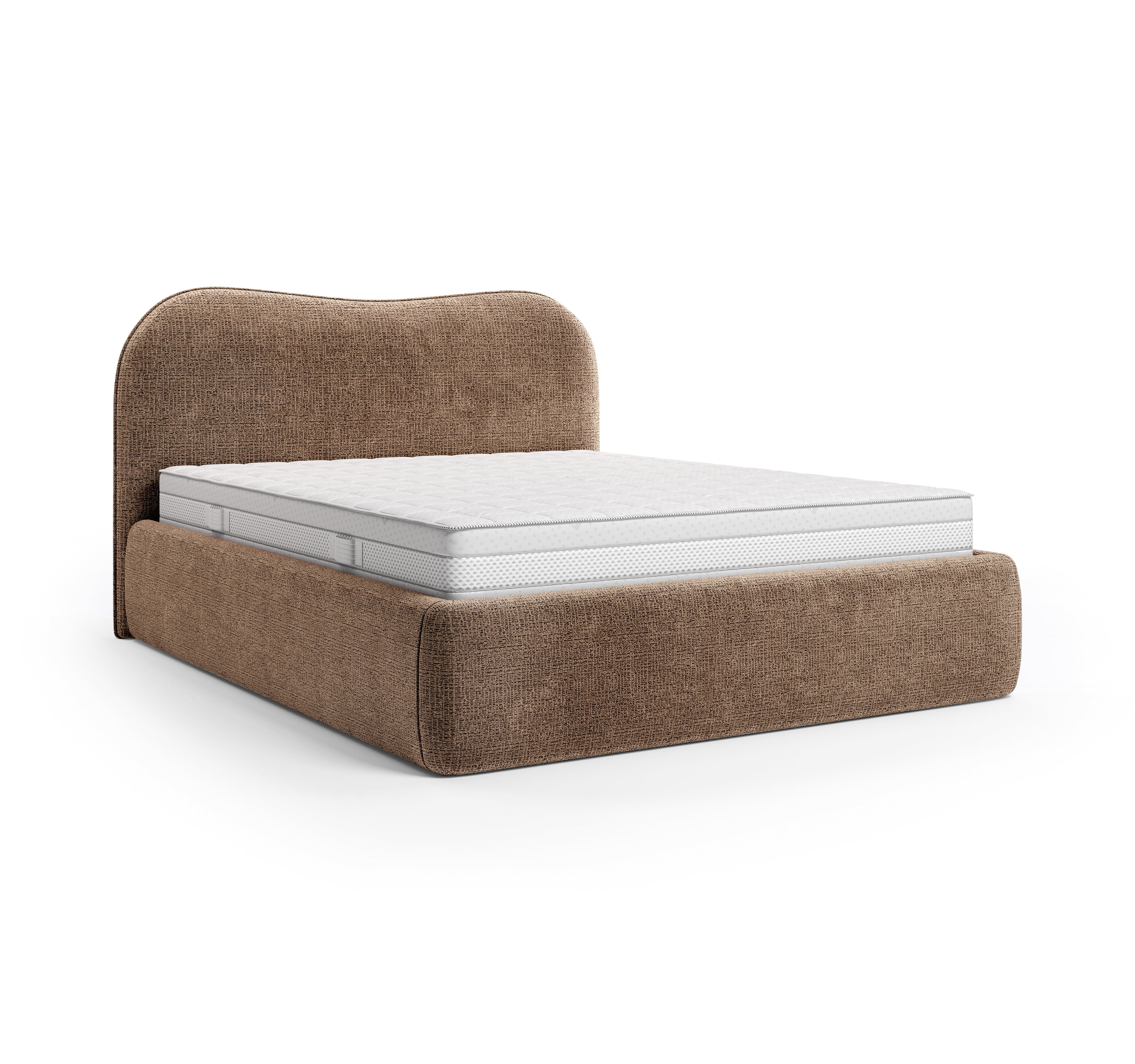 Lit coffre Gravilliers 160x200 cm en tissu chenille taupe Paname Avenue, vue trois-quarts sur fond blanc