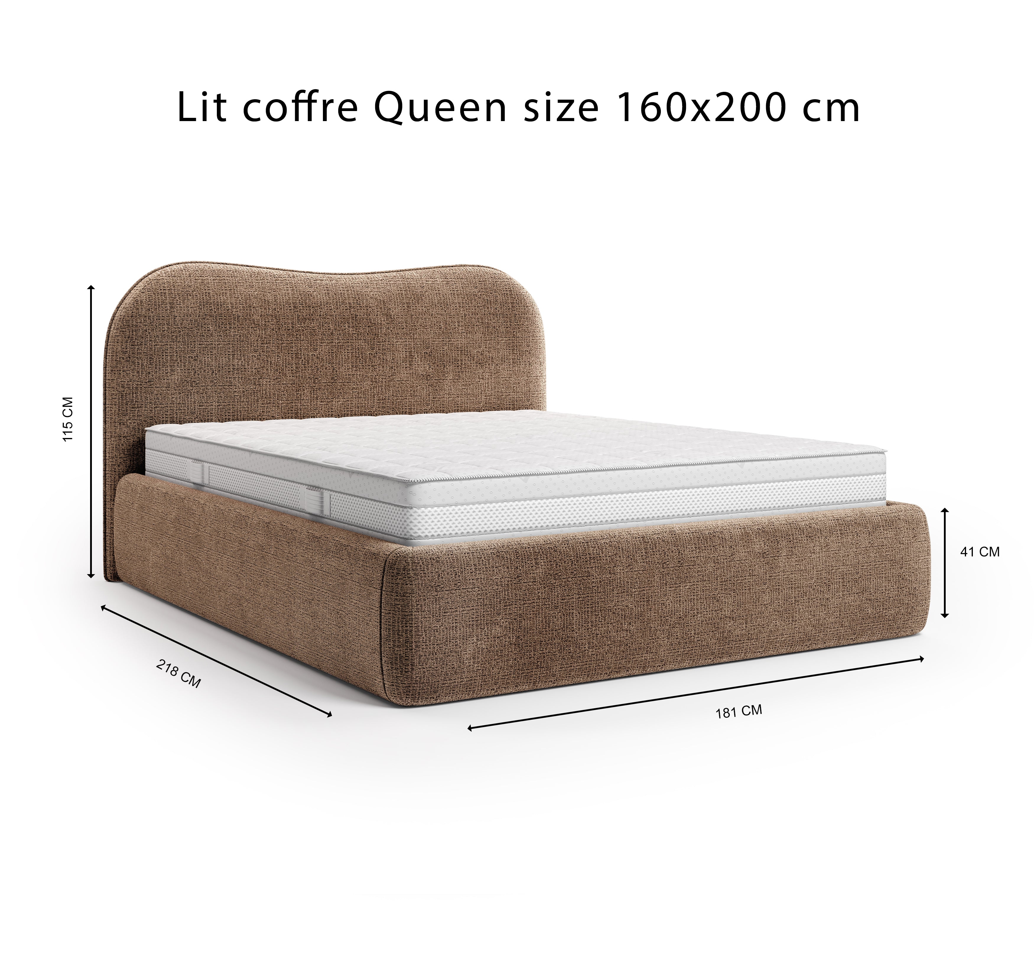 Lit coffre Gravilliers 160x200 cm en tissu chenille taupe Paname Avenue, schéma des dimensions du lit