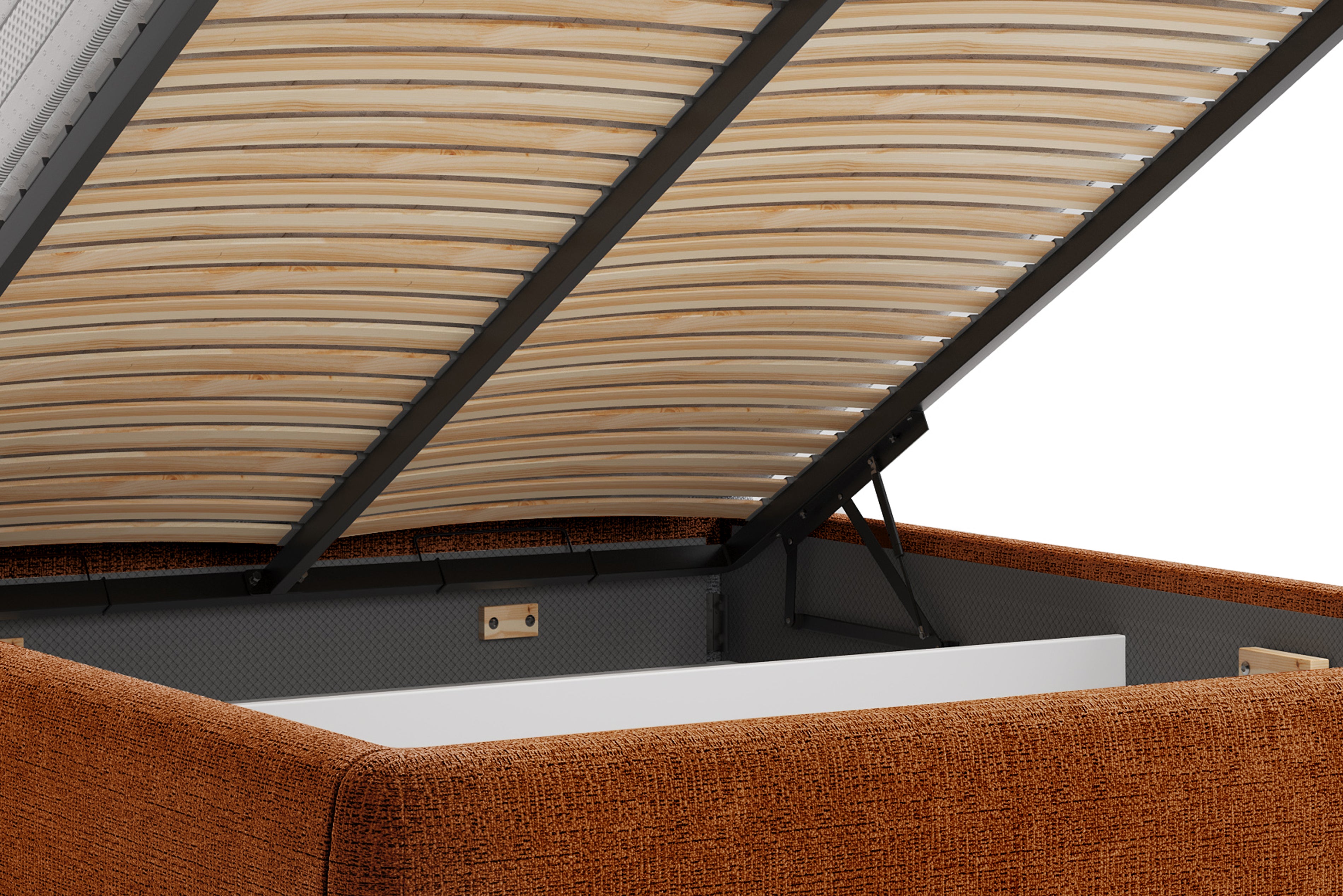 Lit coffre Gravilliers 160x200 cm en tissu chenille terracotta Paname Avenue, zoom sur le mécanisme de levage