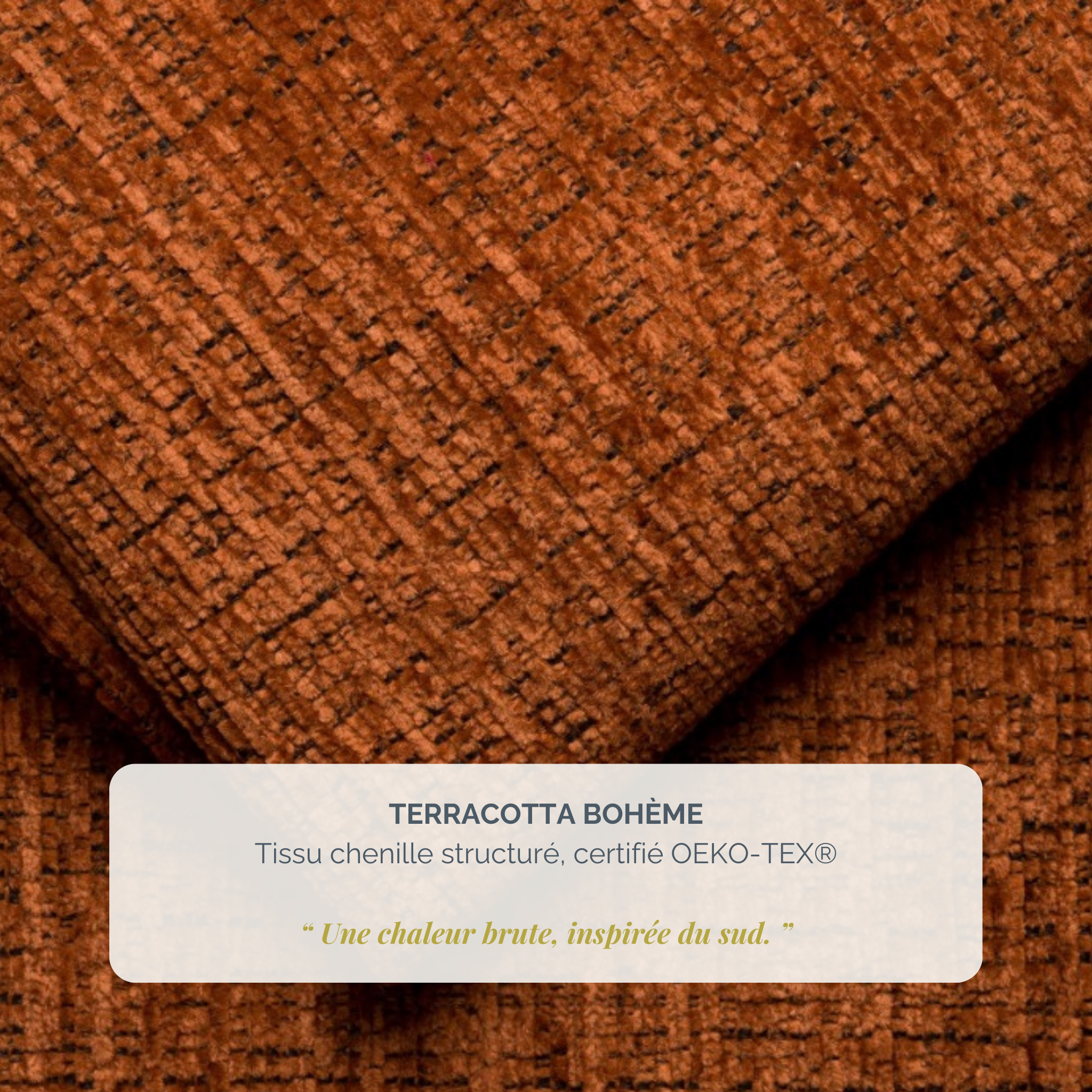 Lit coffre Gravilliers 160x200 cm en tissu chenille terracotta Paname Avenue, détail de la texture du revêtement