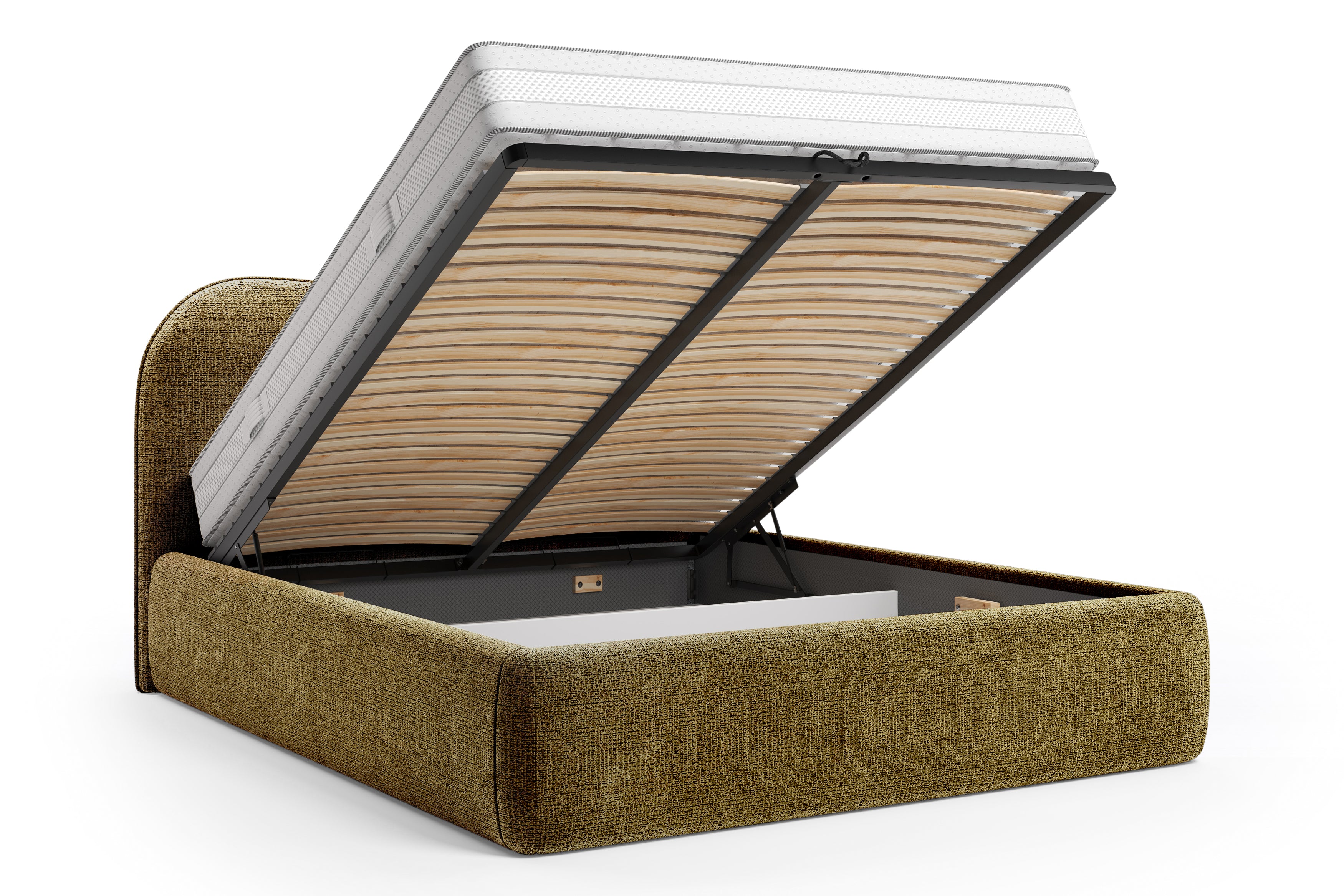 Lit coffre Gravilliers 160x200 cm en tissu chenille vert olive Paname Avenue, coffre de rangement ouvert sur fond blanc