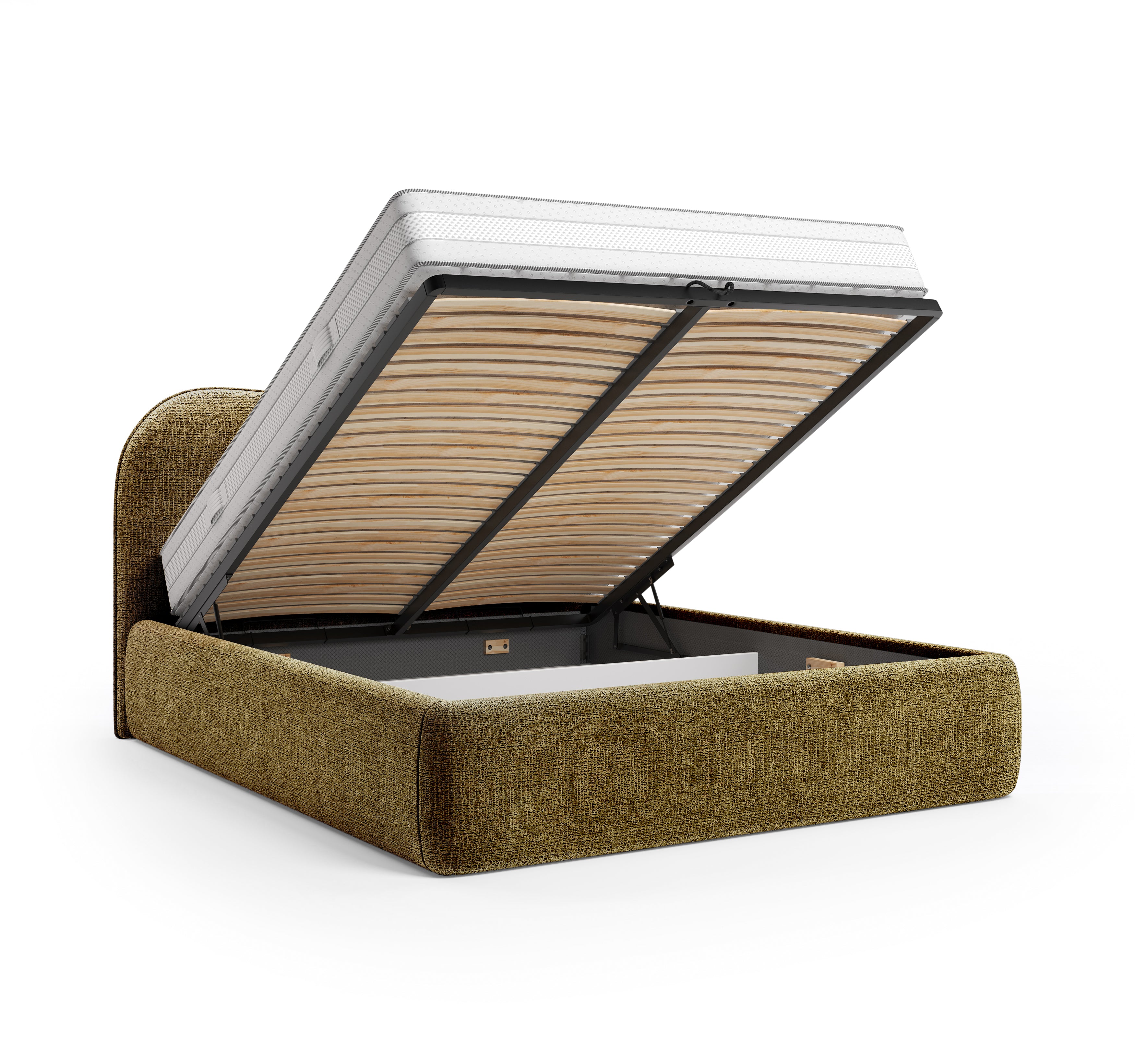 Lit coffre Gravilliers 160x200 cm en tissu chenille vert olive Paname Avenue, coffre de rangement ouvert sur fond blanc
